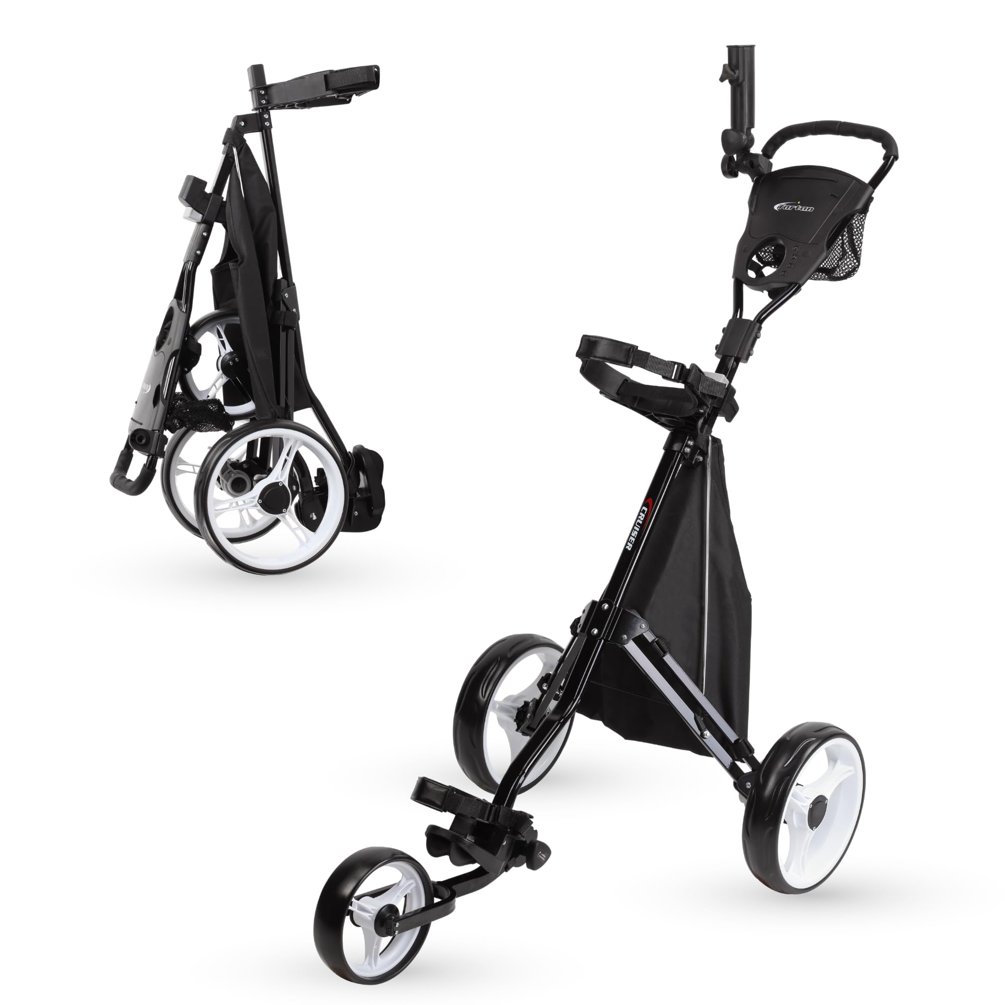 PRECISE Cruiser 3-Wheel Golf Push Cart with Stabilizer Rods & Foot Brake – Lightweight Folding Golf Trolley with Ergonomic Handle, Detachable Storage
