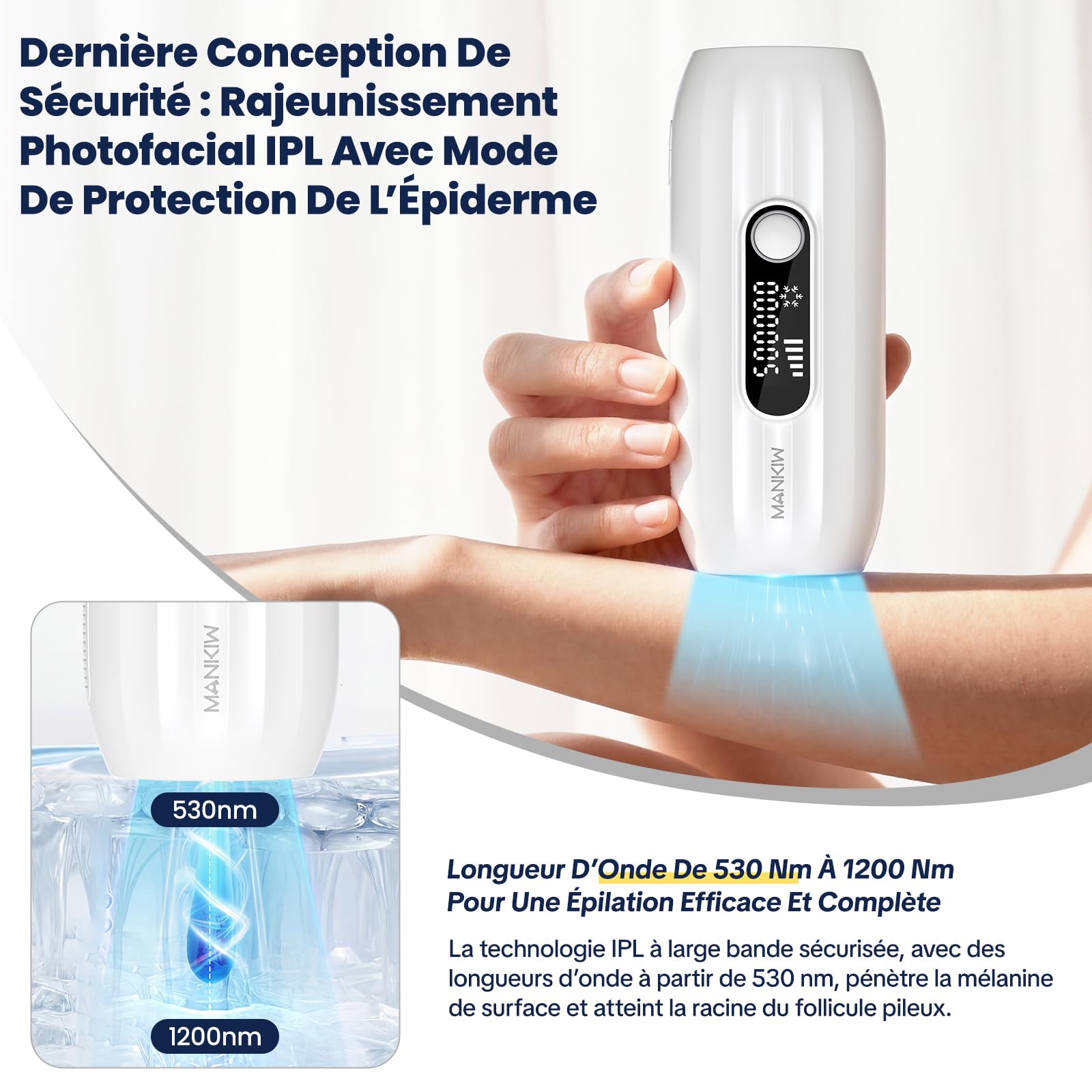 MANKIW Épilateur Lumière Pulsée avec Fonction de Refroidissement, 5 Niveaux d’Énergie & 500000 Flashs, Modes Automatique et Manuel, Alternative à l’Épilateur Laser, pour Jambes, Aisselles et Bikini