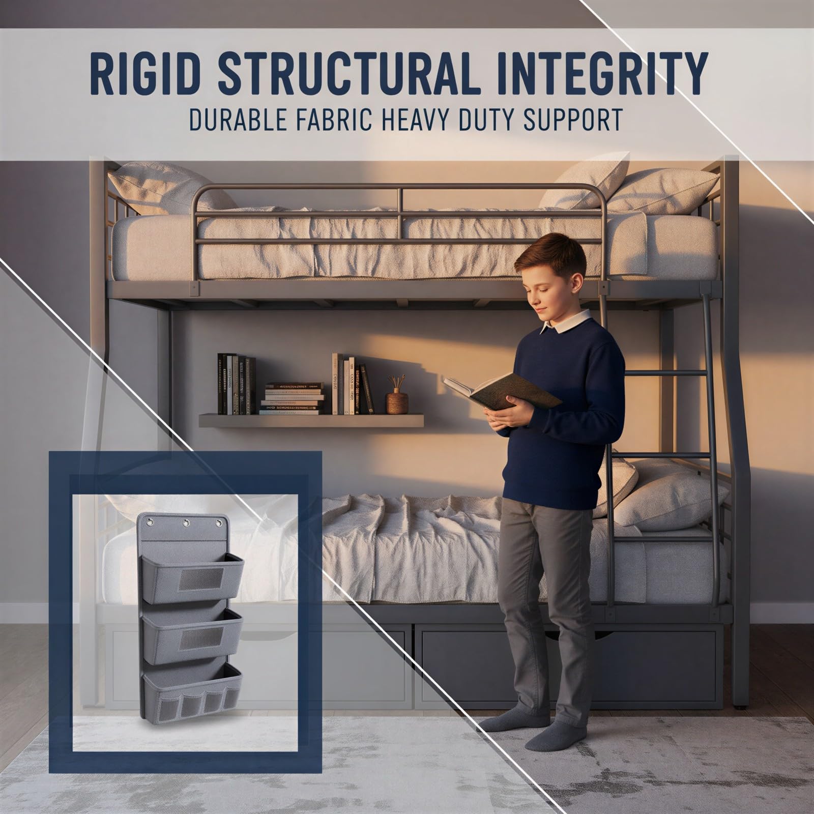 Über-der-Tür Stoff-Hängeorganizer, 3-stufiger Hängeaufbewahrungs-Organizer mit sichtbaren Mesh-Taschen und Seitenfächern für Bett, Wand, Schrank, Vorratskammer, Schlafzimmer, Grau