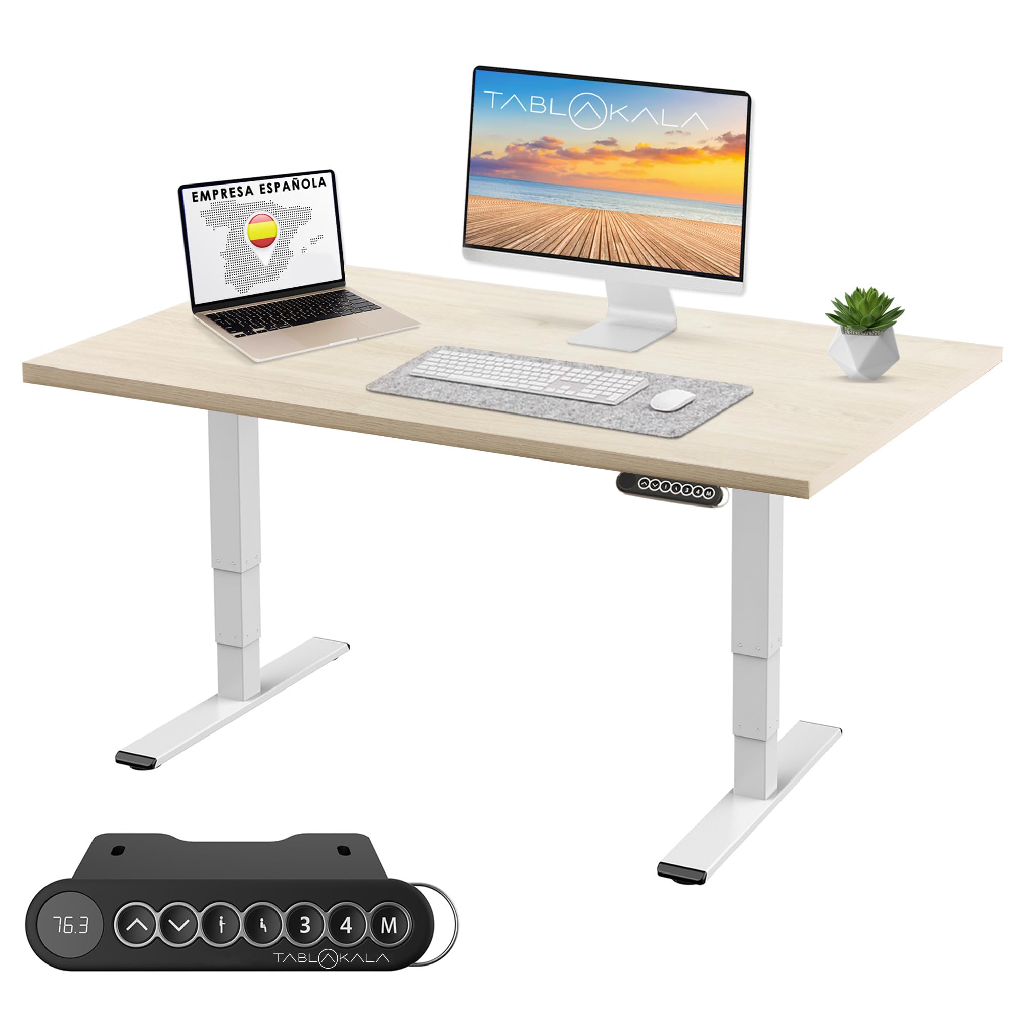 Tablakala Escritorio Elevable 2 Motores, Blanco, Tablero 160x80x3 cm Roble Claro, Ajustable en Altura 62 a 127cm, Mesa Escritorio Elevable, Standing Desk, Mesa Elevable Secretaria