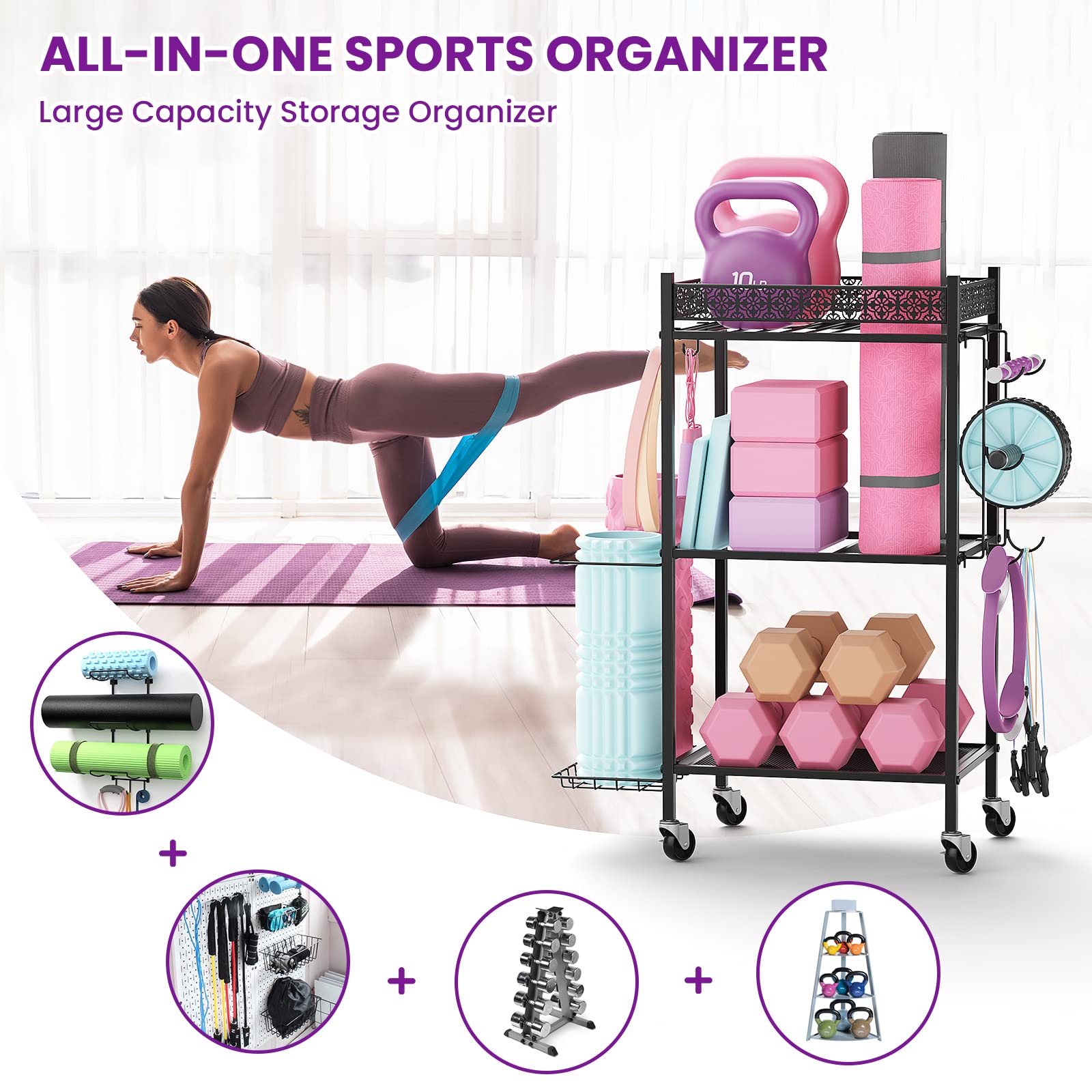 Yoga Mat Storage Rack, Home Gym Storage Rack Yoga Mat Holder, VOPEAK Workout Storage for Yoga Mat, Foam Roller, Gym Organizer Gym Equipment Storage for Home Exercise and Fitness Gear (Gray)