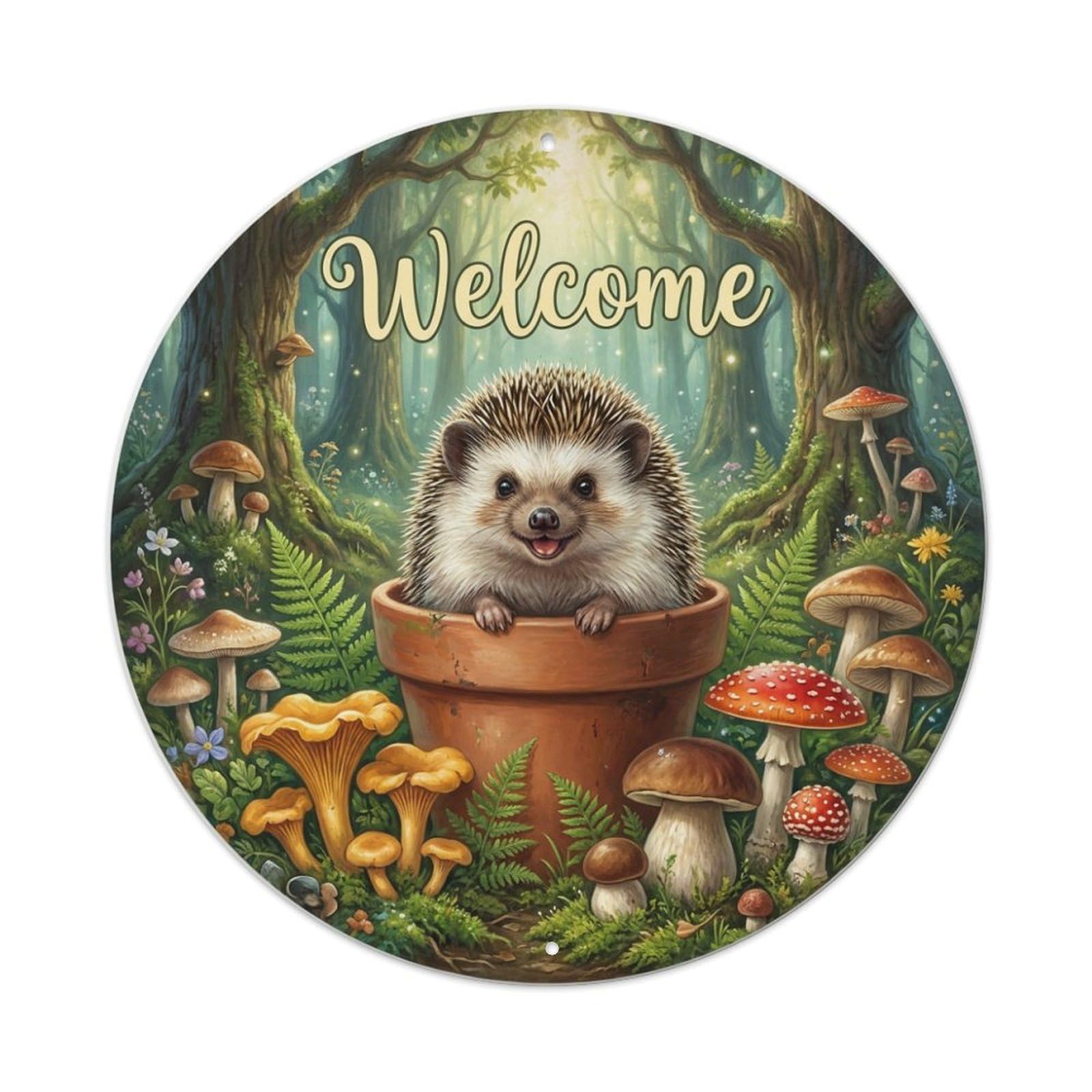 Metal Tin Sign Welcome Hedgehog Mushroom Forest