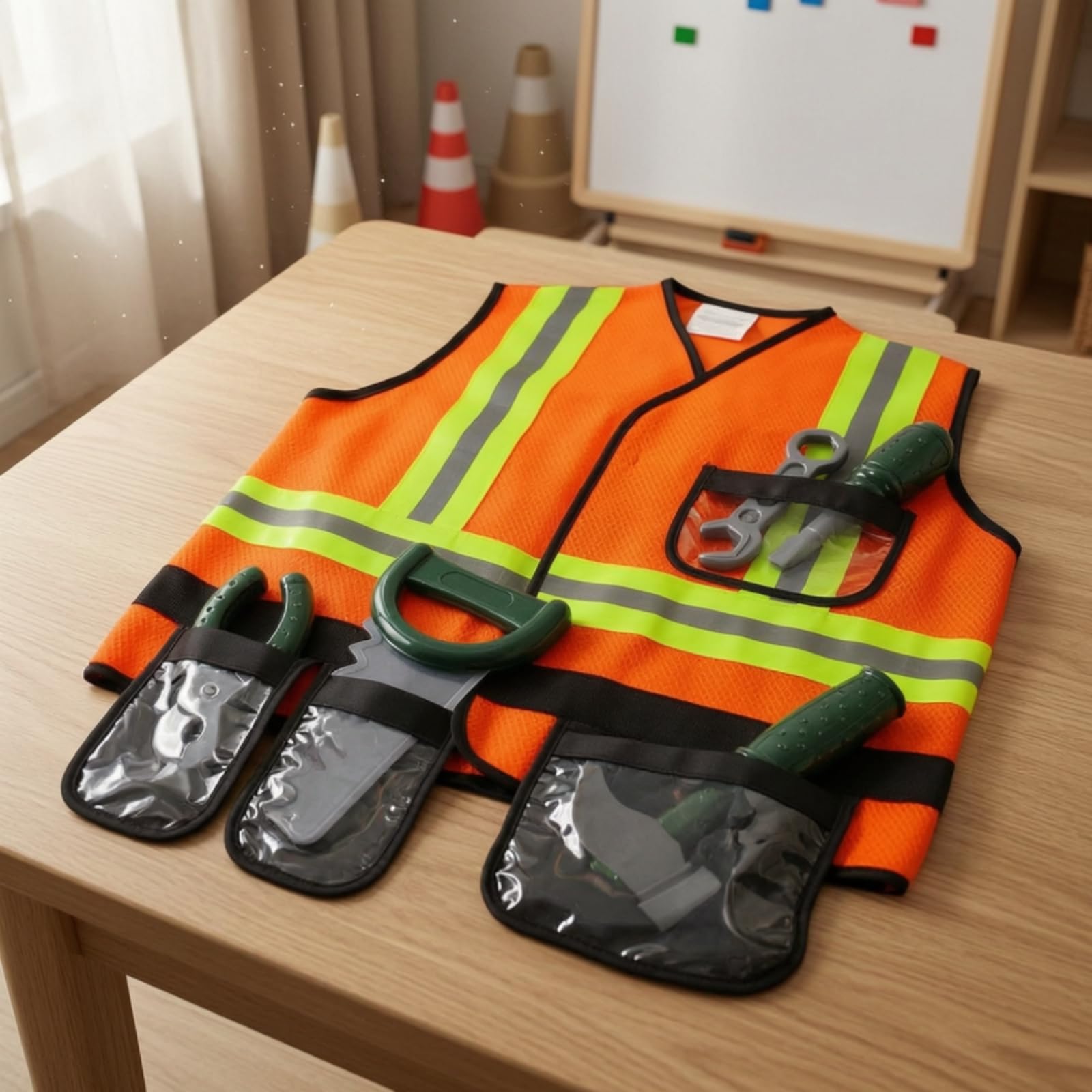 Harilla Disfraz de Constructor para Niños Juego de rol de Construcción Chaleco con Bolsillos Malla Transpirable y Tiras Reflectantes Adecuado para Juegos de