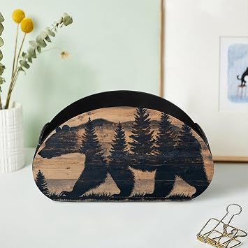 Walking Grizzly Bear Remote Control Holder with 5 Compartments Wooden Board Leather TV Remote Caddy Remote Storage Box Desktop Organizer for Pen/TV Remotes/Media Controllers/Office Supplies