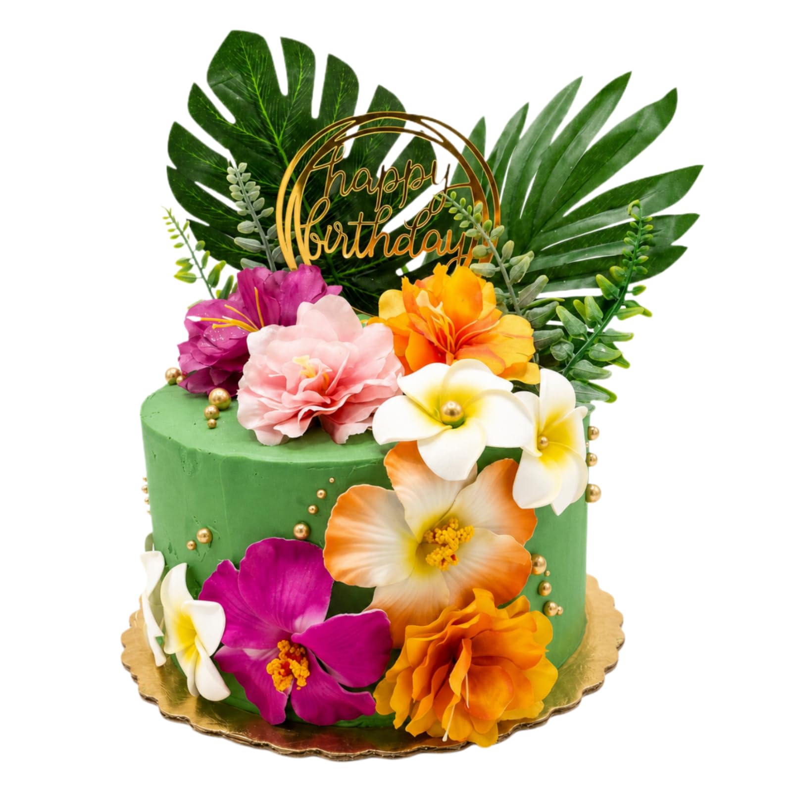 Photo 1 of 18Pcs Hawaiian Flowers Cake Decorations, Tropical Luau Cake Toppers with Hibiscus and Palm Leaves, Summer Cupcake Toppers, Non-Edible Aloha Beach Party Supplies for Birthday Celebration