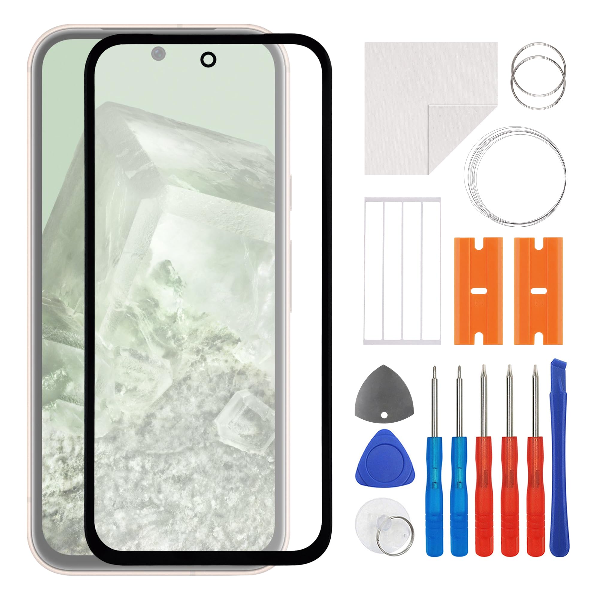 front screen glass outer panel lens replacement +oca compatible with google pixel 8a 6.1" (gkv4x, g6gpr, g8hhn, g576d(no lcd screen and touch digitizer) with repair kit
