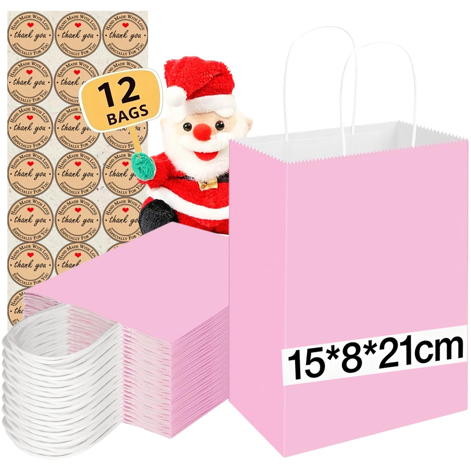 12Pcs Small Paper Bags With Handles, Paper Gift Bags (21x15x8cm), 130GMS Thicken Kraft bags Party Favor Shopping includes lables for Favor Birthday Party Wedding Shopping Retail (Pink)