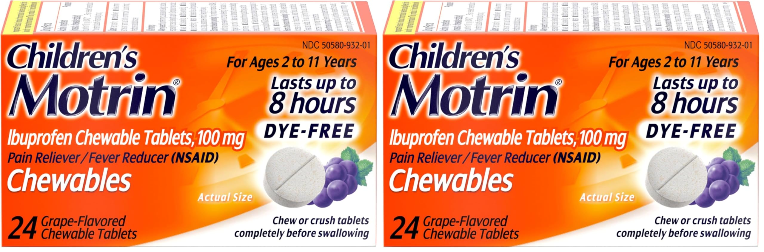 Motrin Children's Dye-Free Ibuprofen Chewable Tablets for Pain & Fever, Grape, 24 Count (Pack of 2)
