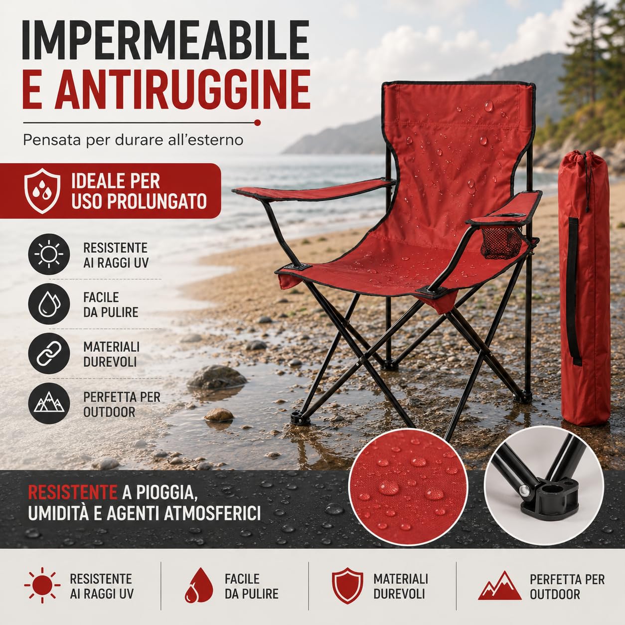 IlGruppone Sedia Camping Pieghevole in Acciaio con Porta Bevande – Sedia da Campeggio Portatile Impermeabile e Antiruggine con Sacca Trasporto – Ideale per Mare, Spiaggia, Pesca e Outdoor (Blu)