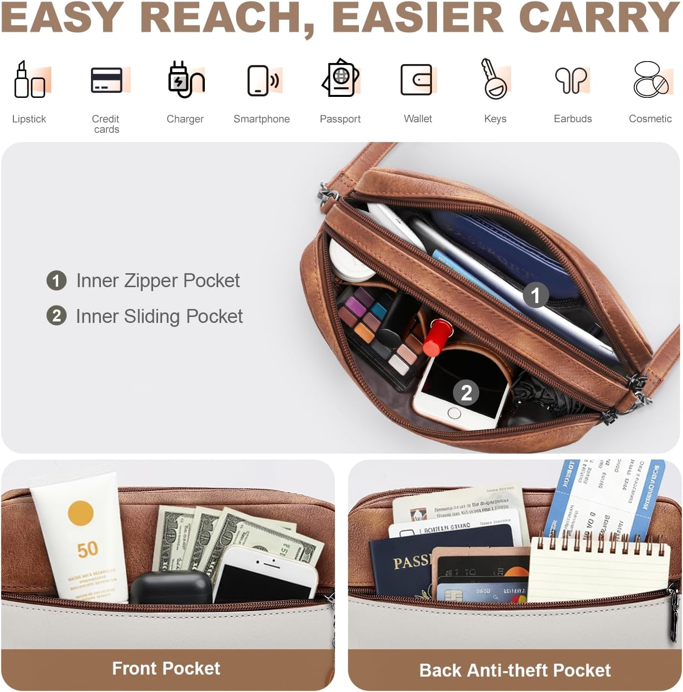 Crossbody Bags for Women, Lightweight Medium Crossbody Purse, Soft Leather Purses for Women Shoulder Handbags - Image 4