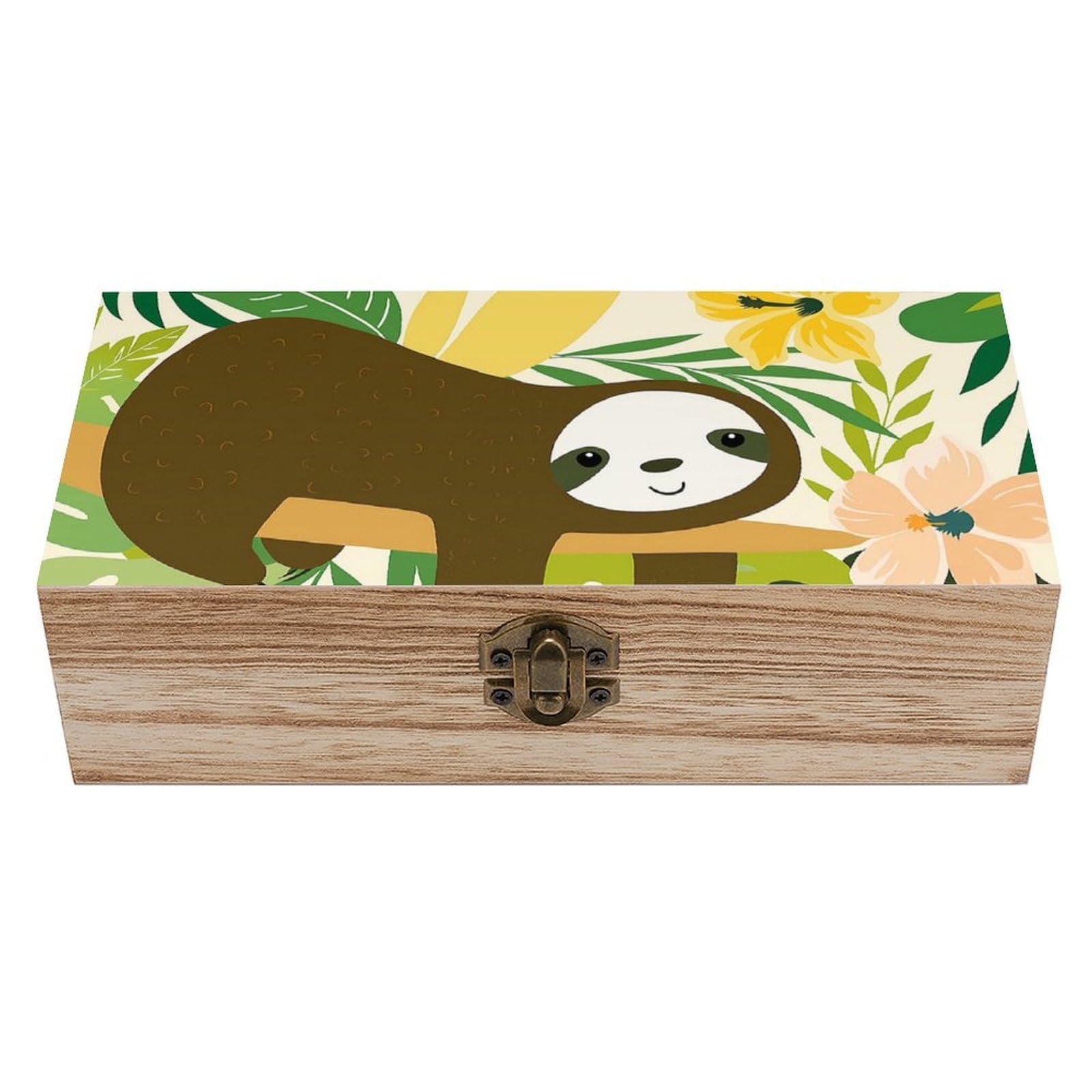SMAZDFXX Funny Sloth on Branch with Hibiscus Wooden Storage Box Multipurpose Decorative Box for Jewelry Photo Home Decor