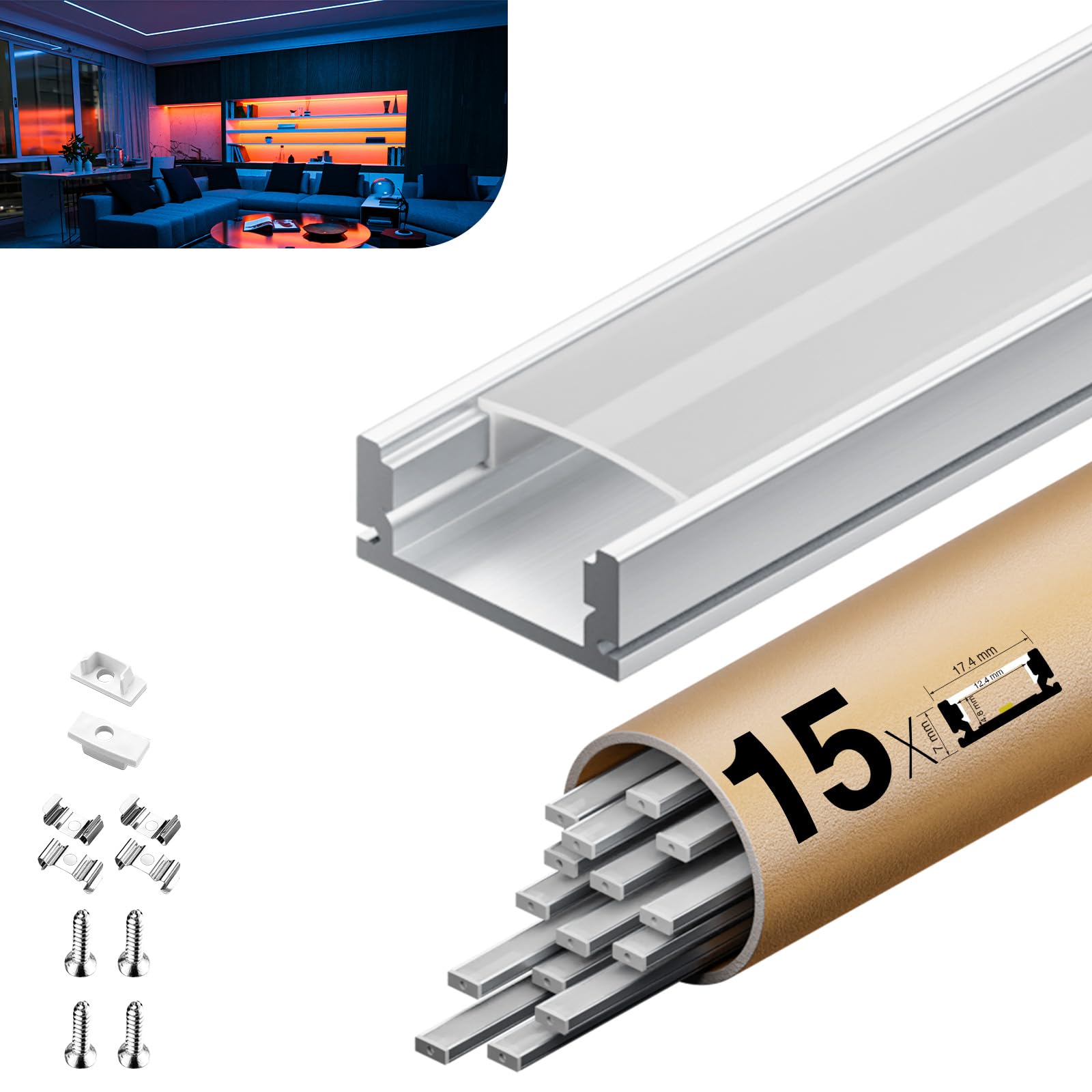 Profilo in alluminio LED adatto per strisce LED, 2 m x 15 pezzi 30 m, dimensioni 17,4 mm x 7 mm, per strisce LED con una larghezza inferiore a 12,4 mm, con accessori di montaggio