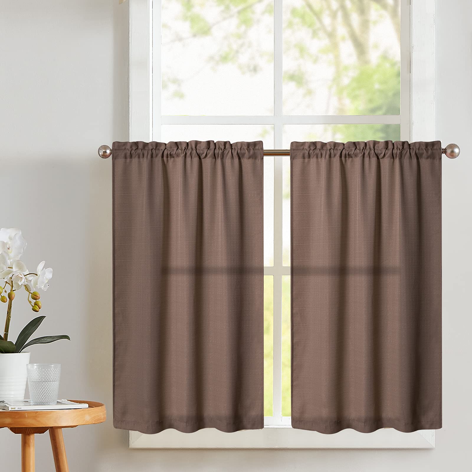 Vangao Brown Kitchen Curtains 24 Inch Length Casual Weave Textured Cafe Curtain Semi Sheer Short Curtain for Bathroom Bedroom Tier Curtains Rod Pocket Half Window Curtain 2 Panels