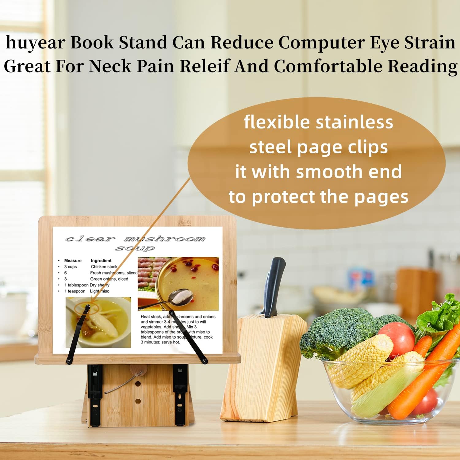 huyear Desktop Book Stand Bamboo Cookbook Holder Reading Book Holder with Adjustable Height Eye-Level Angle Textbook Bookstand Ergonomic Laptop Tablet Stand Foldable Reading Support Stand