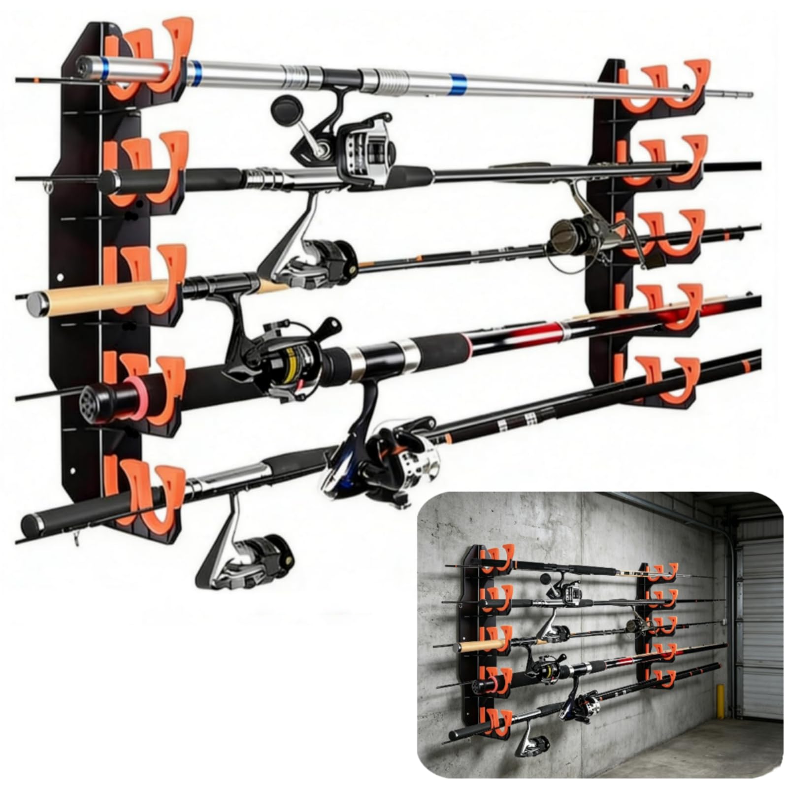 Funvalley Surperfect Fishing Rod Holders Wall or Ceiling Mounted Rack, Holds up to 10 Rods,Fishing Pole Holders Garage/Basement Fishing Rod Stand Rack Storage, Fishing Gear Gifts for Men(Orange)