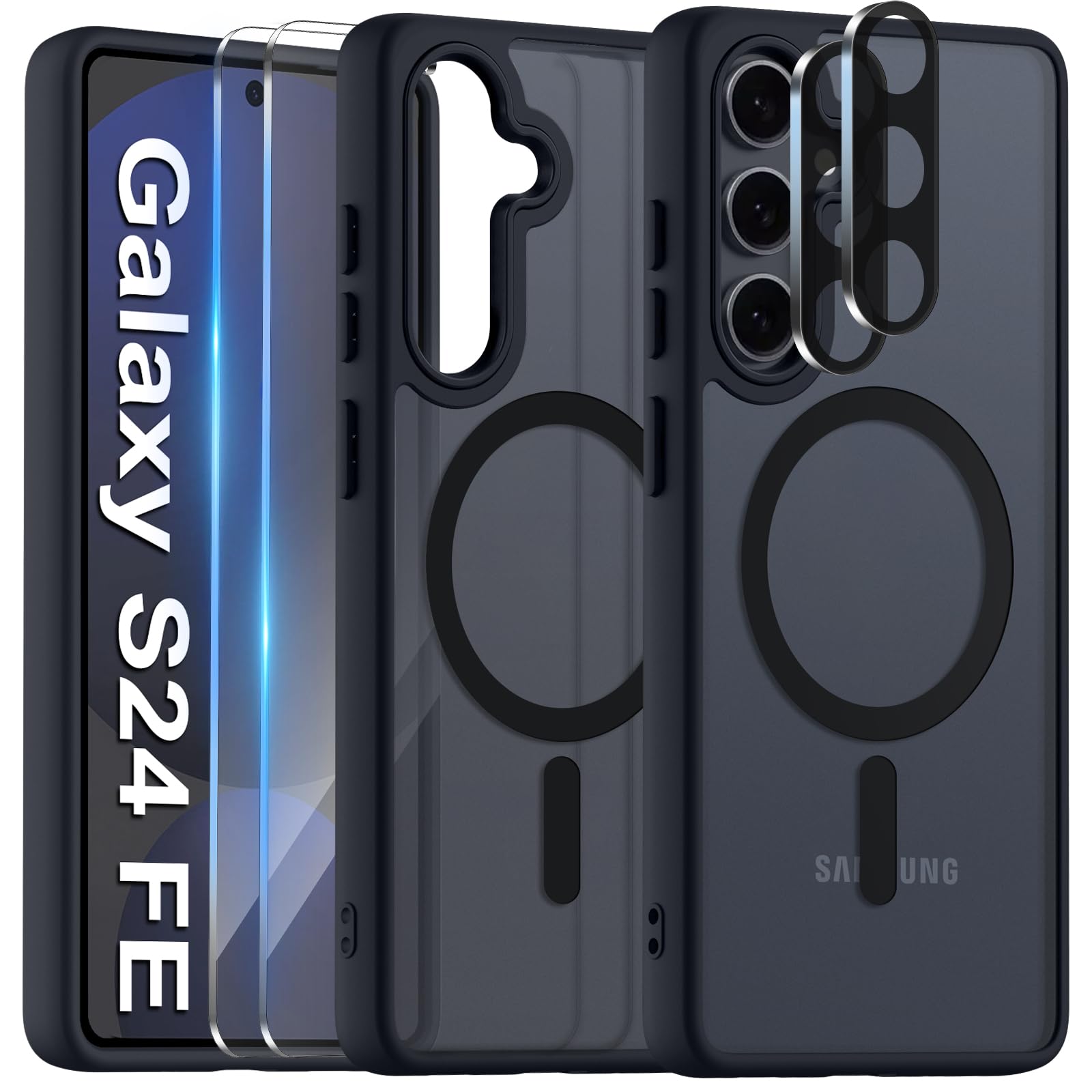 COPIKE Cover Magnetica per Samsung Galaxy S24 FE 5G con 2 Pezzi Vetro Temperato e 2 Lente Fotocamera Protezione, Custodia Sottile Antiurto Posteriore Glassata Traslucida Anti-Impronte, Opaca Nero