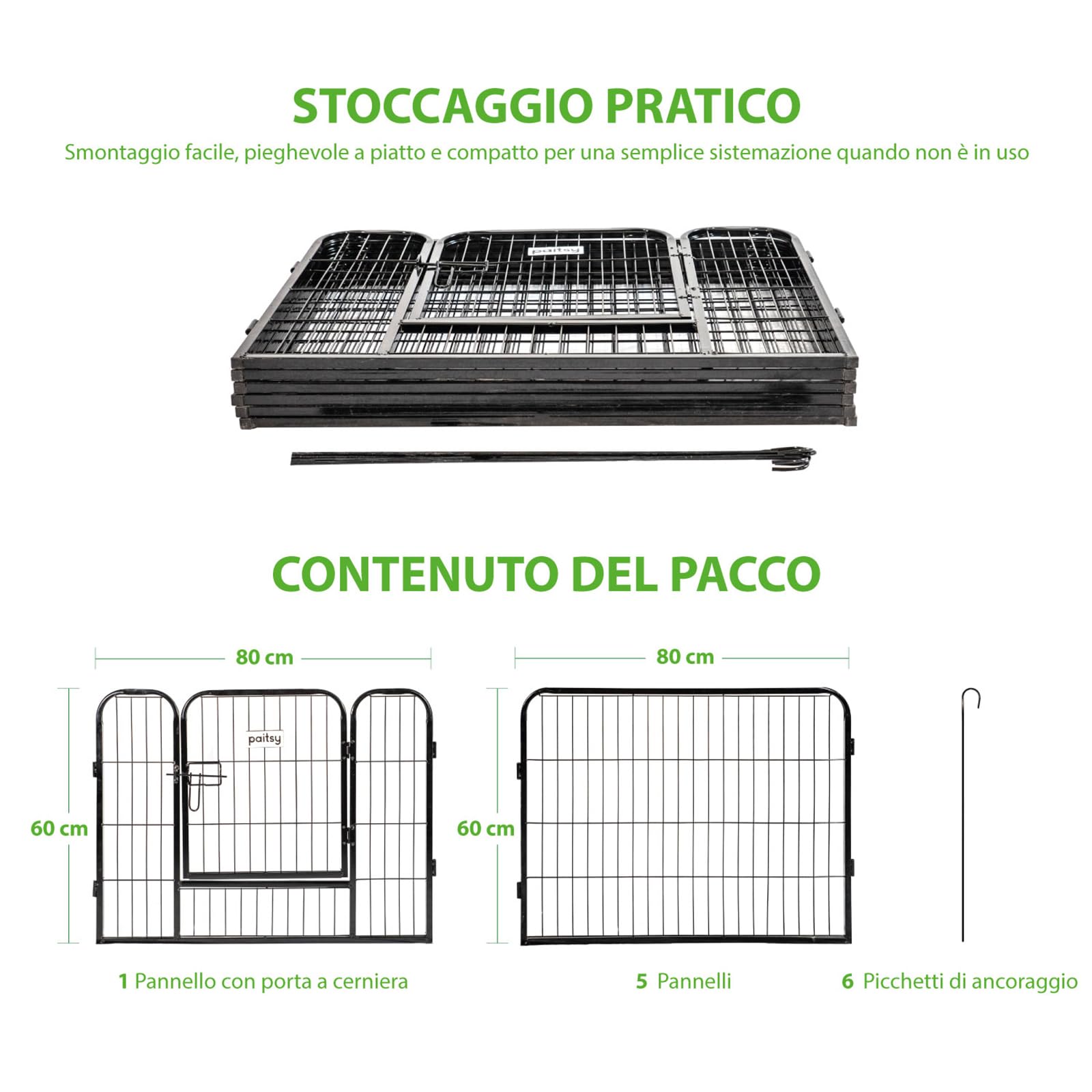 Recinto per cani, cuccioli e conigli GARDEO80x60x6, 6 pannelli 80X60cm, 1,28M2, modulabile, per interni ed esterni, pieghevole, garanzia 5 anni, Paitsy