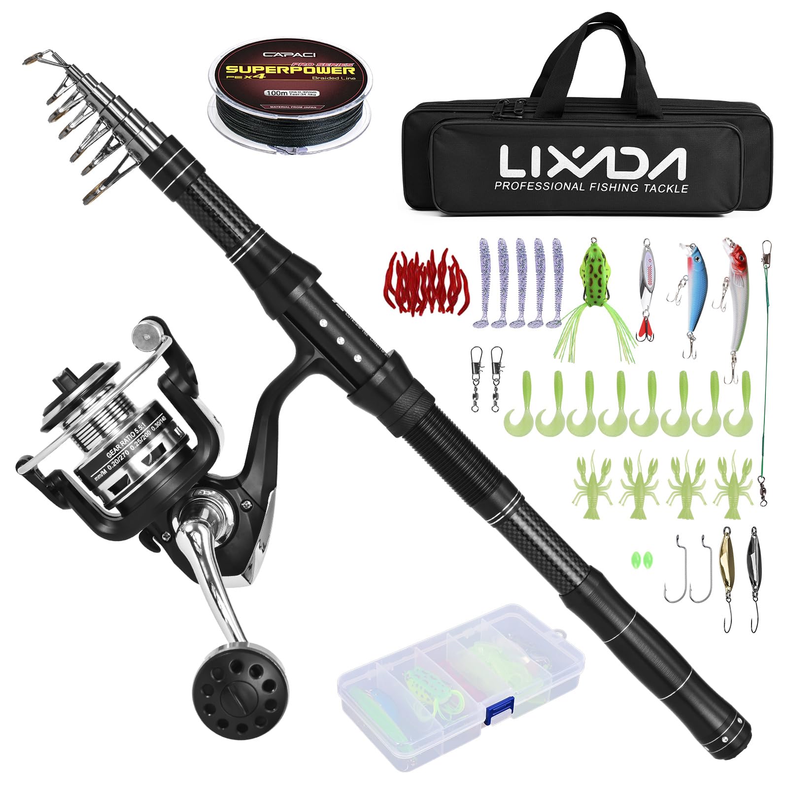 Lixada Canne à Pêche,Kit de Pêche Professionnel-Moulinet de pêche en Aluminium résistant et Boîte d'Accessoires Complète，Adapté pour Les Voyages de pêche en Eau Douce et en Eau salée