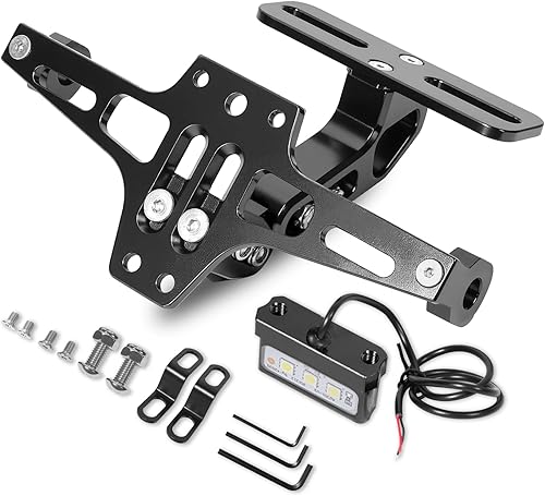 MDPROMCP - Soporte de matrícula para motocicleta con eliminador de guardabarros y luz LED, soporte universal de aluminio CNC para placa de matrícula