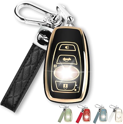 QBUC Funda para llavero Subaru con llavero de cuero genuino para Subaru Forester CrossTrek Ascent Outback Legacy WRX, etc. (negro)