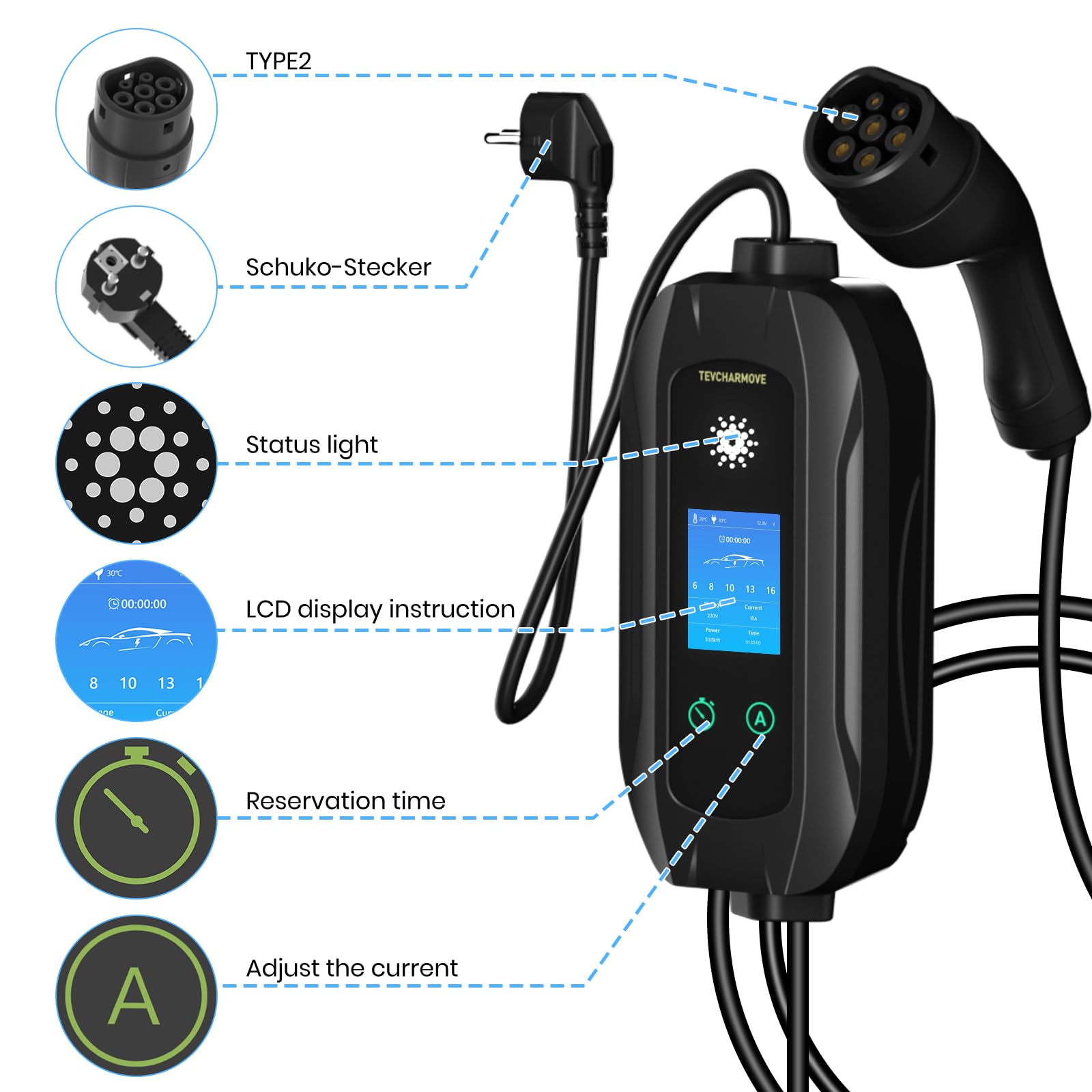 Mobile Wallbox 3.68KW Typ 2 Ladekabel, 5M|1-Phasig Ladekabel mit Schuko Stecker, 6-16A Tragbare EV Ladegerät mit Einstellbarer Ladeleistung, EV Charger Wallbox für Elektroauto & Hybrid (PHEV/EV)