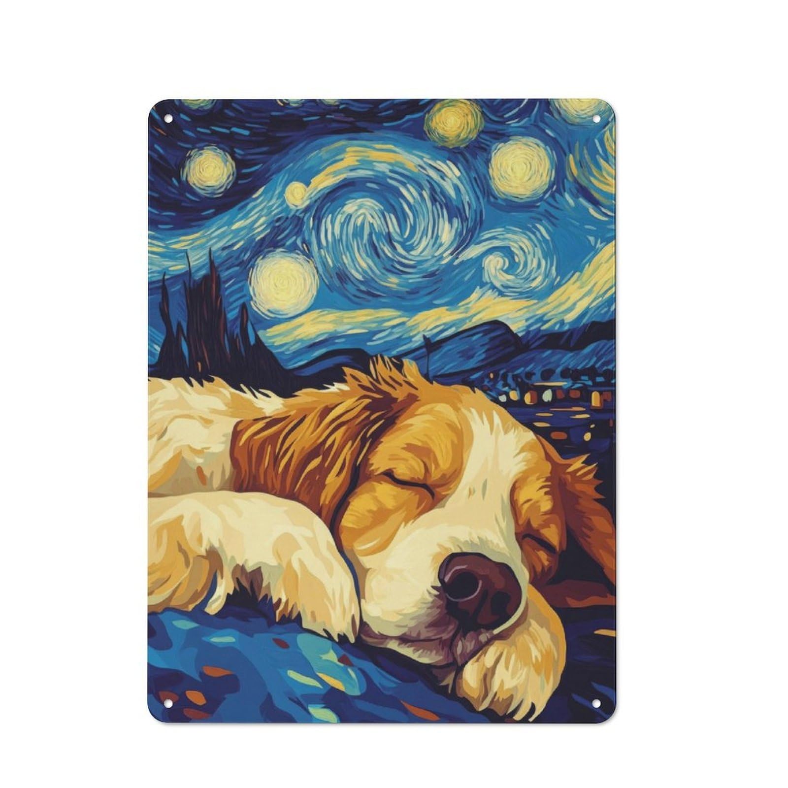 Junmoney Dog Sleeping Under Starry Night Cottage Style Metal Wall Decor 40X30cm, Tin Wall Plaque For Kitchen, Cottage, Porch Or Garden Room