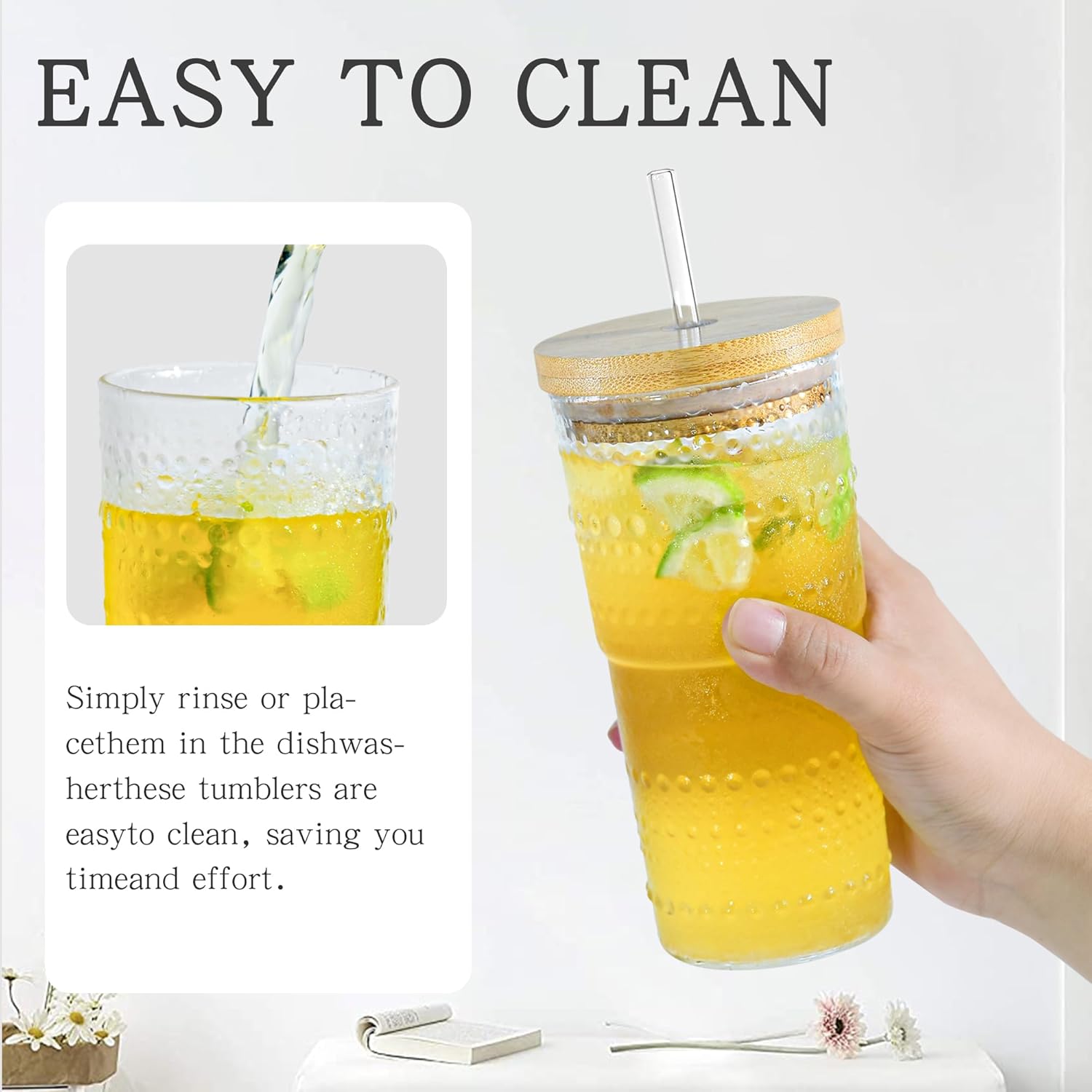 2 Pack 20oz Hobnail Drinking Glasses with Bamboo Lids and Glass Straw,High Borosilicate Glass Tumbler Cup Reusable Wide Mouth Smoothie Cups,Beer, Iced Coffee Glasses, Soda - Image 5