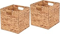 Set of 2 Water Hyacinth Wicker Storage Baskets 11x11x11 Inch - Handwoven Foldable Cubes with Sturdy Handles for Kitchen, Bathroom, Bedroom Organization