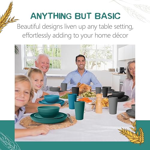 Miniatura 5 de Teivio Juego de vajilla de paja de trigo de plástico de 32 piezas, servicio para 8, platos llanos, platos de postre, cuencos para cereales, vasos,