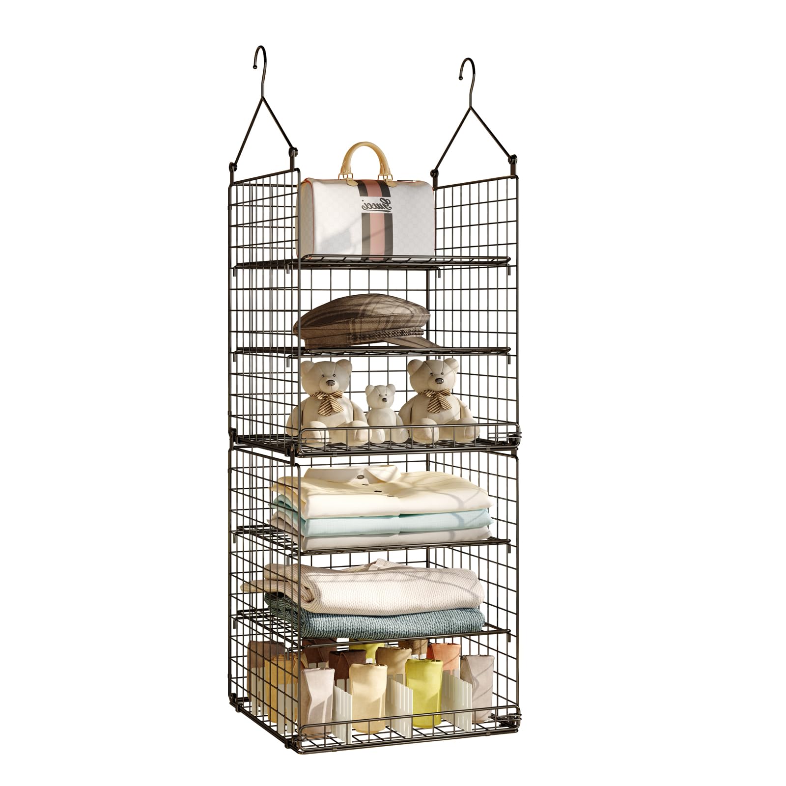 6 Tier Hanging Closet Organizer Foldable Hanging Clothes Shelves with Adjustable Dividers, Closet Shelf Organizer for Clothing Sweaters Socks Dolls Handbags, Separable, Black