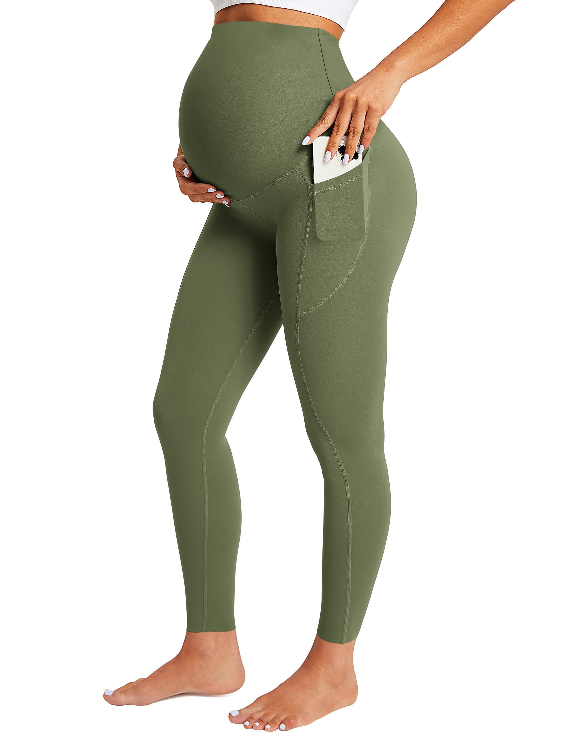 BAYDI Nudi Damen Umstandsleggings mit Taschen Blickdichte Lange Schwangerschaftsleggings High Waist Umstandshose Damen Weich elastisch Schwangerschaftshose