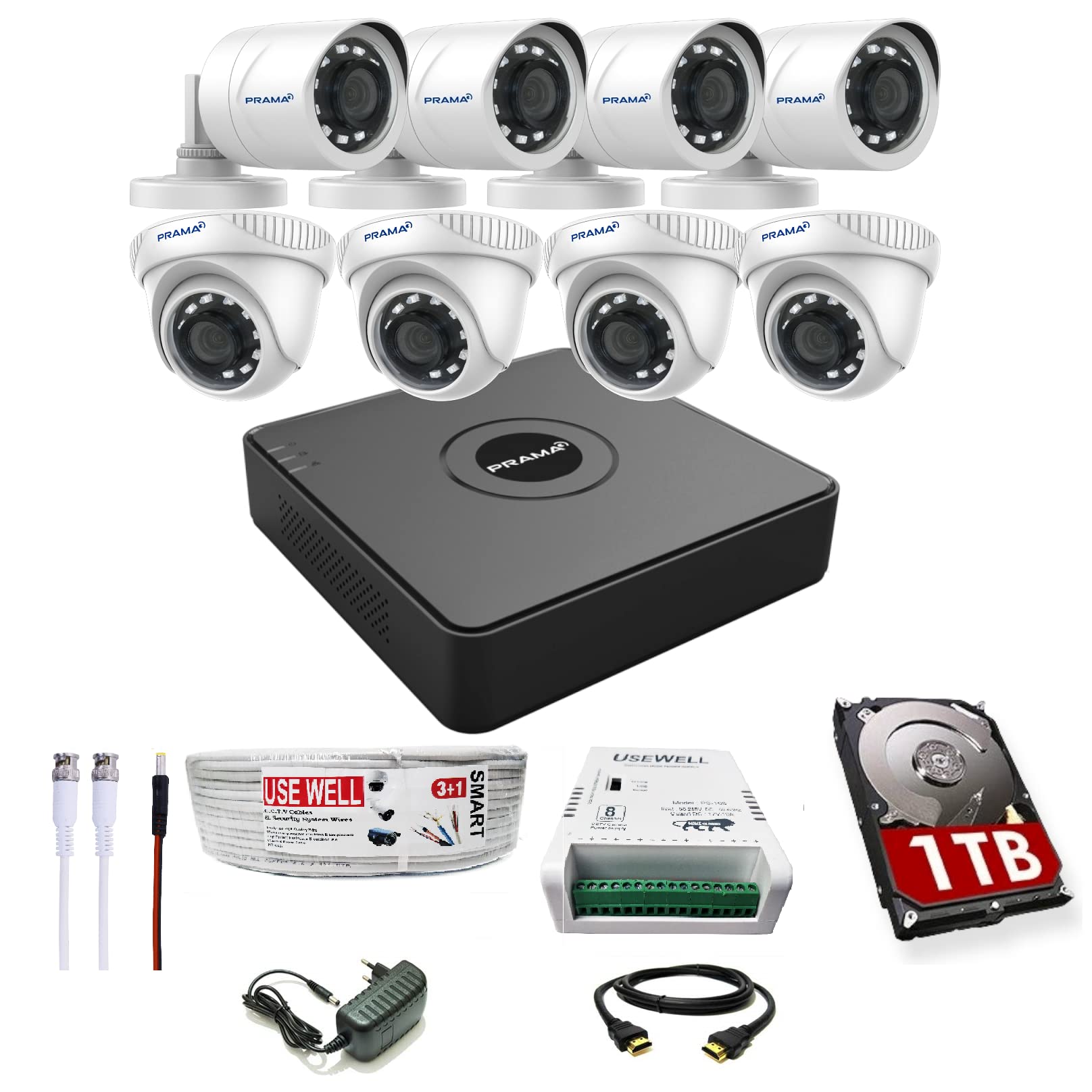 Prama 2MP Full HD CCTV kit with 8 Channel DVR + 4 Outdoor & 4 Indoor Cameras + 1 TB HDD + USEWELL Wire/SMPS, and Required Accessories, Motion Detection, Black (B0C61T4P76) Amazon Price History, Amazon Price Tracker
