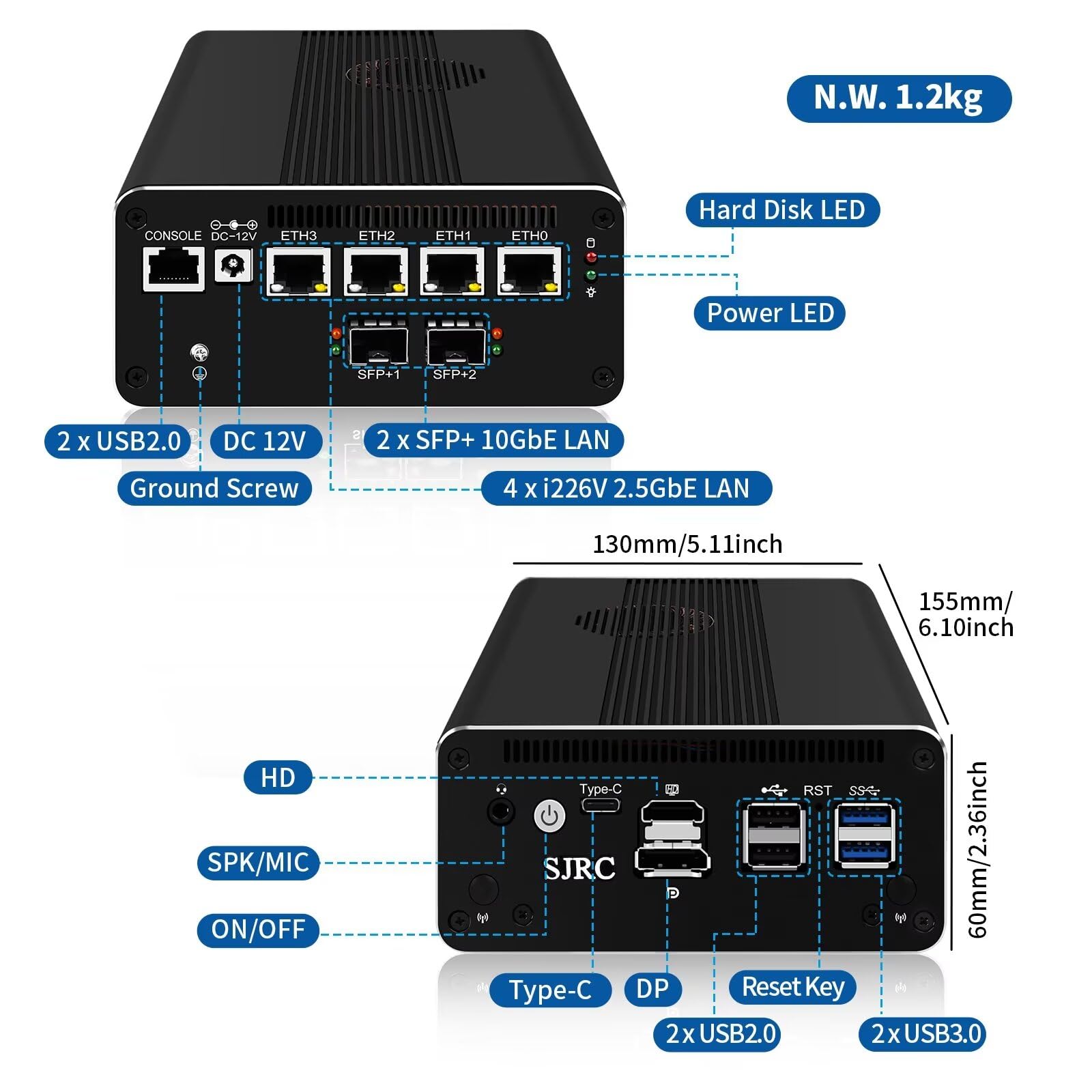SJRC Firewall Mini PC 10GbE, 4C/8T Core i7 1185G7 Micro Application, Dual SFP+ 10 Gigabit, 4 x i226V 2.5GbE LAN, DDR4 8 Go de RAM 512 Go SSD, prend en charge OPNsense, HD, DP, Typc-C, 4K, TF