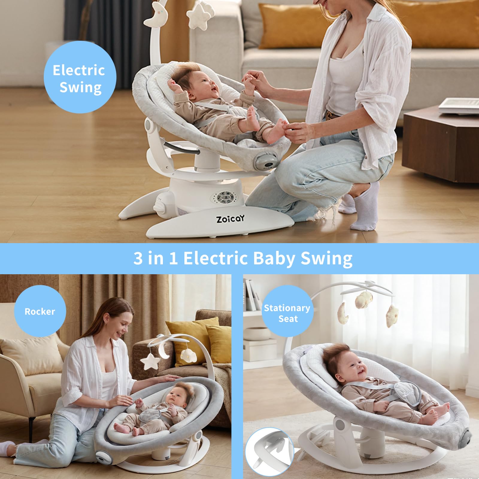 Babywippe Elektrisch 3-in-1 mit 9 Modi Schaukel Automatisch für Neugeborene | Baby wippe 360° Drehbar Timing Musik Funktion Fernbedienung & Bluetooth Control für 0–9 Monate, bis 11 Kg (Weiß)
