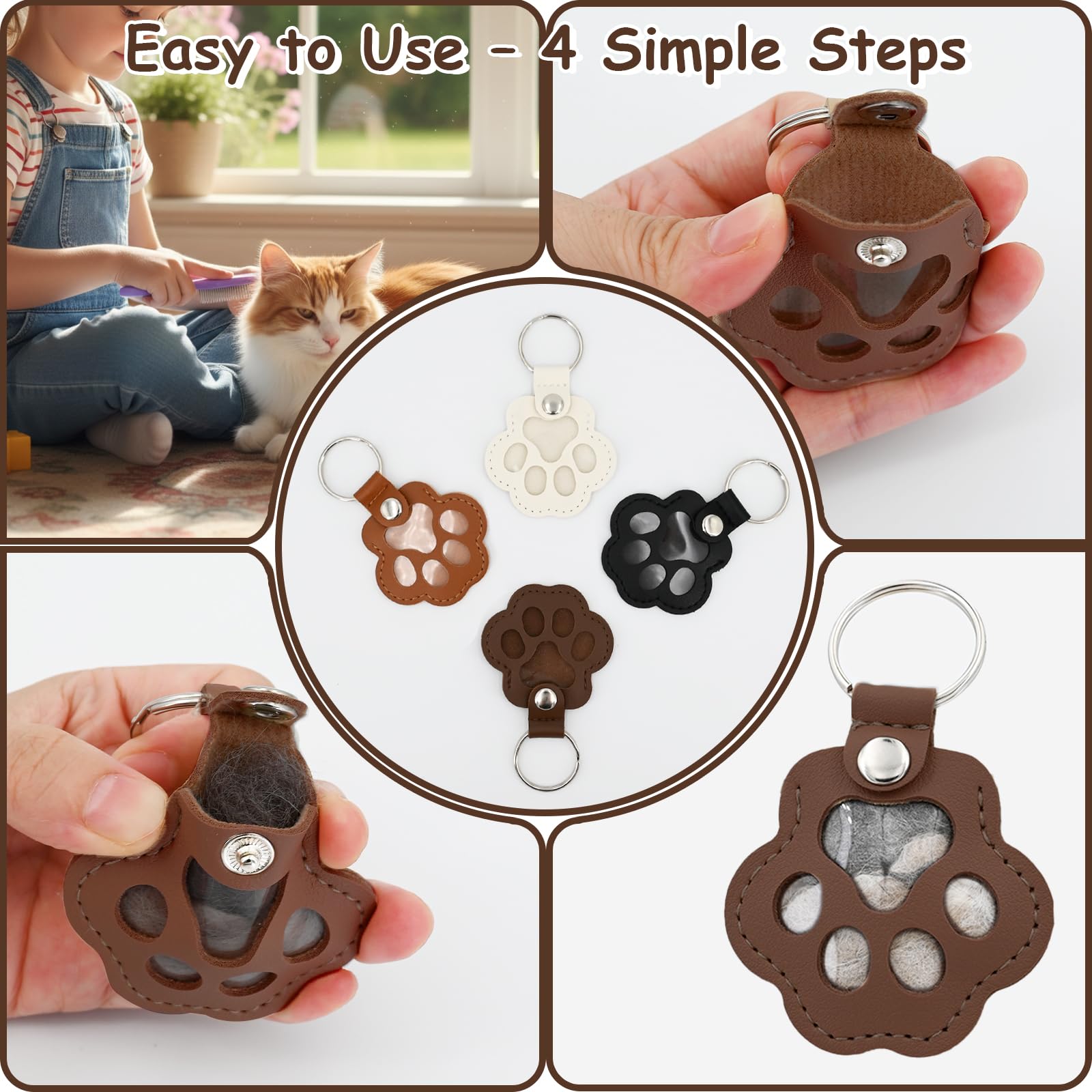 4 portachiavi in pelle a forma di zampa di animale domestico, ricordo fatto a mano per gatti e cani, portachiavi commemorativi unici per peli di animali domestici, simpatici regali in