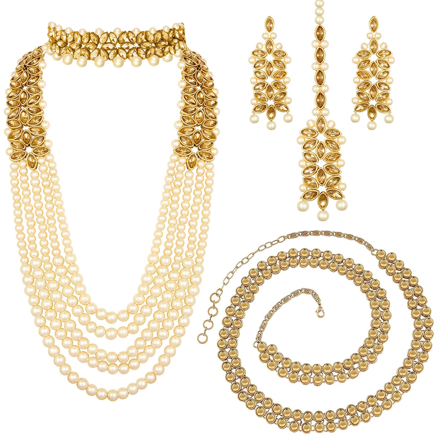 Peora Combo of Traditional Kundan Long Necklace Set with Waist Belt Kamar Bandh Gift for Women