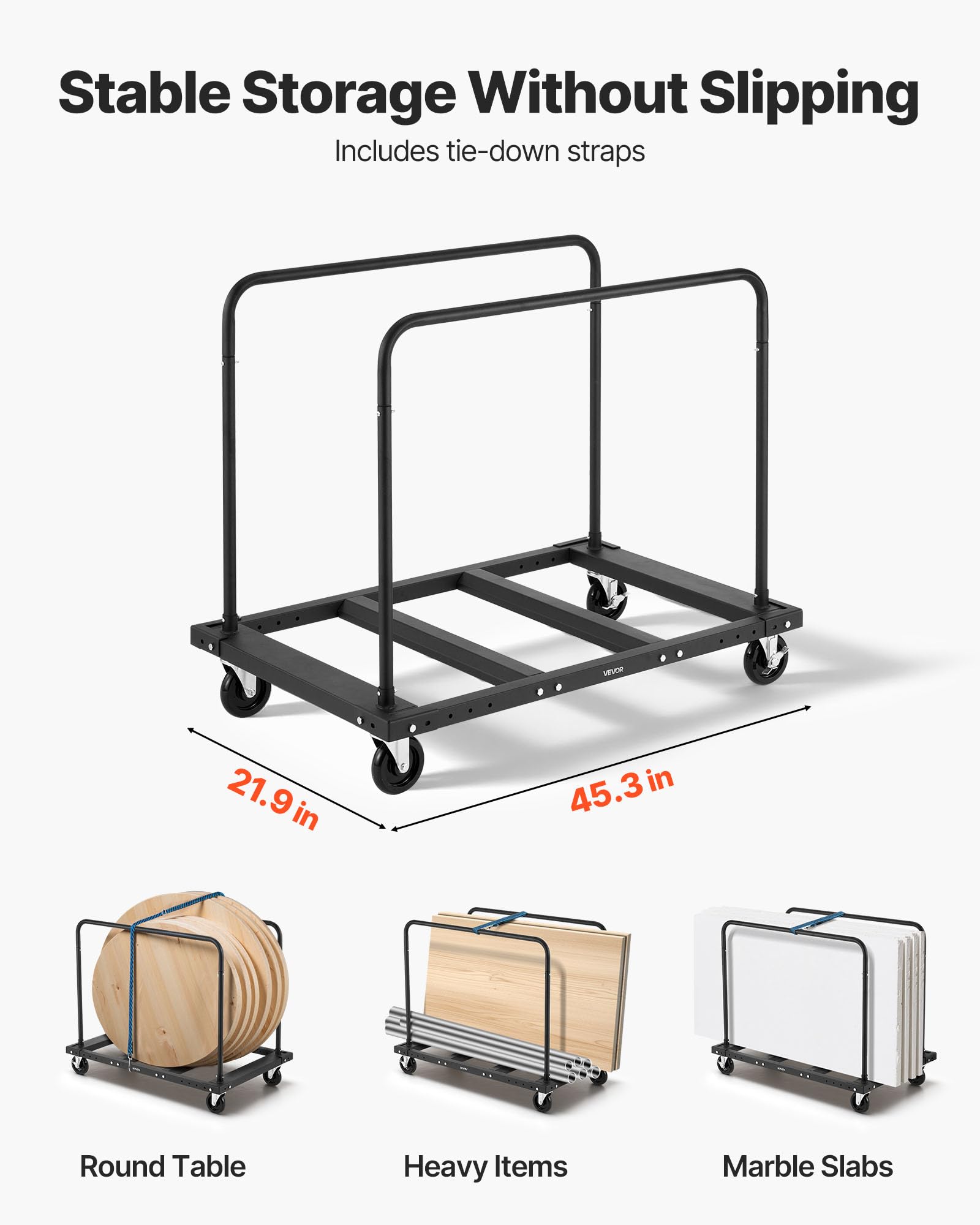 VEVOR Plattenwagen, 816 kg, Transportwagen mit 12,5 mm Lenkrollen, Plattenroller, Rohrbügelwagen mit Zurrgurt & 2 seitlichen Handläufen, Transporthilfe für Fabrik, Lager, Garage, Schwarz
