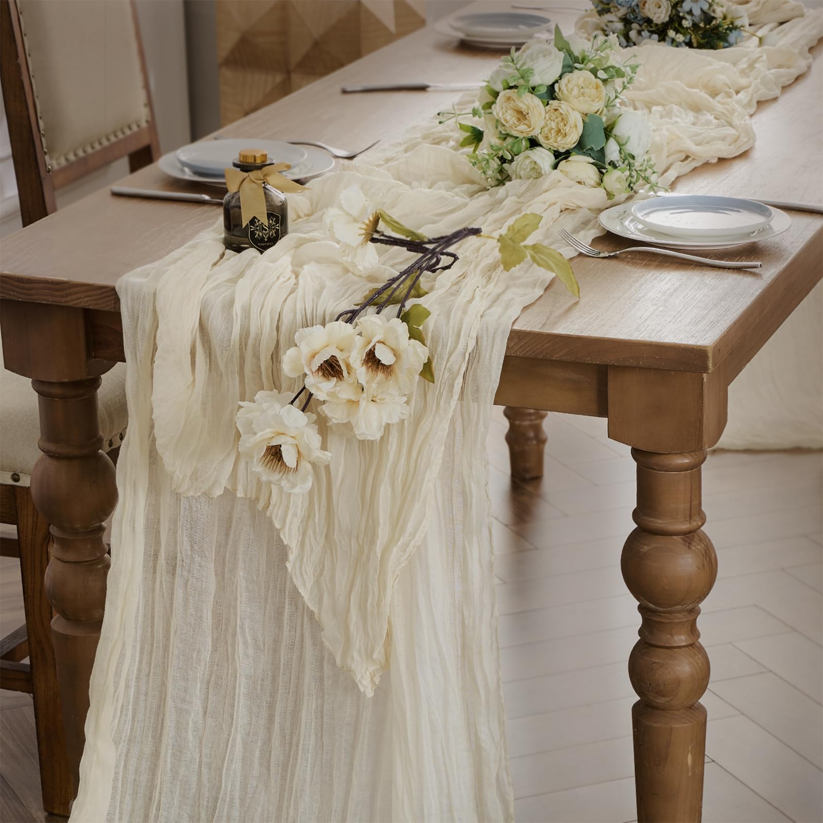 WAITER TREE Cheesecloth Cream Table Runner for Dining Table 90x300 cm - Boho Gauze Long Rustic Sheer Table Runners for Baby Bridal Shower Wedding Birthday Decorations - Beige — image 1