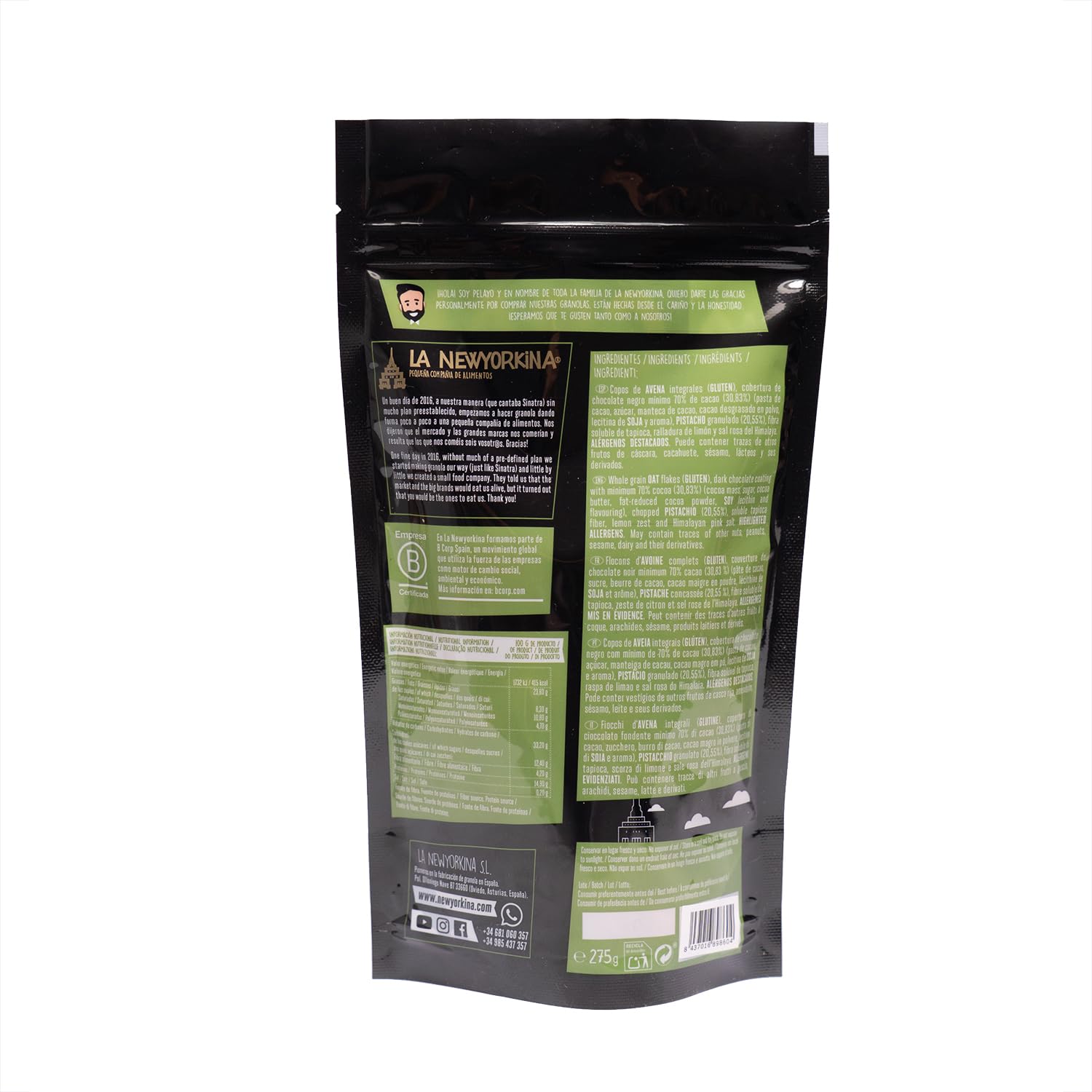 La Newyorkina Granola Pistacho On The Chocolate Rocks 275g Con Pistacho y Chocolate mínimo 70%
