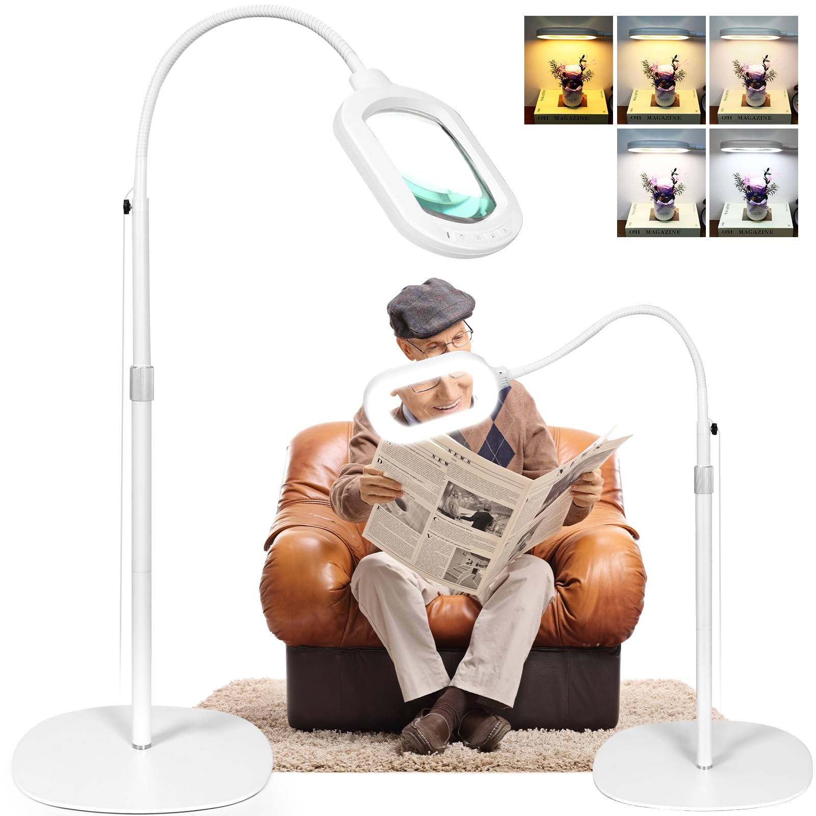 Large Magnifying Glass with Light and Stand, 10X Rectangle Optical Real Glass Lens, Height Adjustable Gooseneck Magnifier Floor Lamp, 5 Color Modes LED Dimmable Lighted Hands Free for Crafts - White