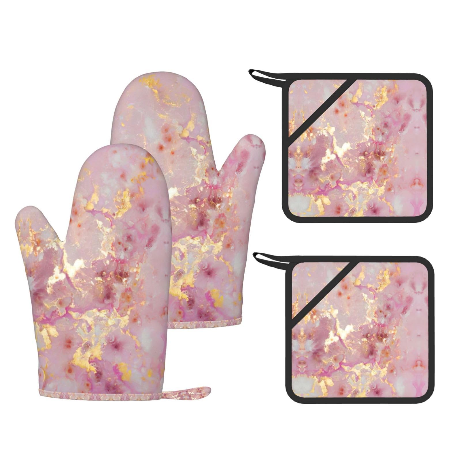 Pink Marble Texture Printed Oven Mitts and Pot Holders Set of 4, Heat Resistant Silicone Gloves for Baking Grilling