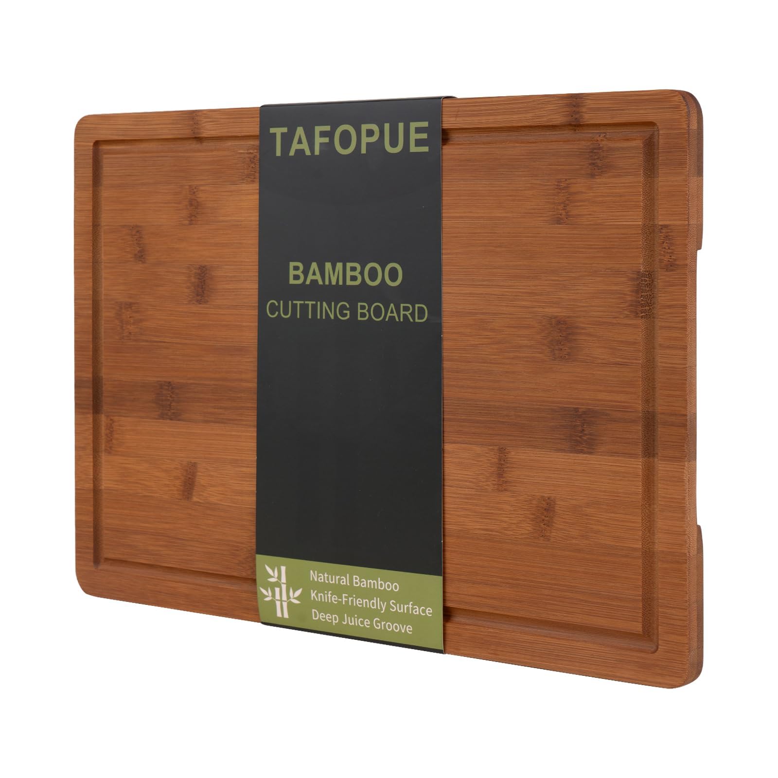 Tafopue Bamboo Cutting Board, Large Kitchen Chopping Board with Deep Juice Groove & Built-in Handle, Reversible Wooden Charcuterie Board and Serving Tray for Meat, Bread, Fruit, Daily Use, 16×11×0.6''