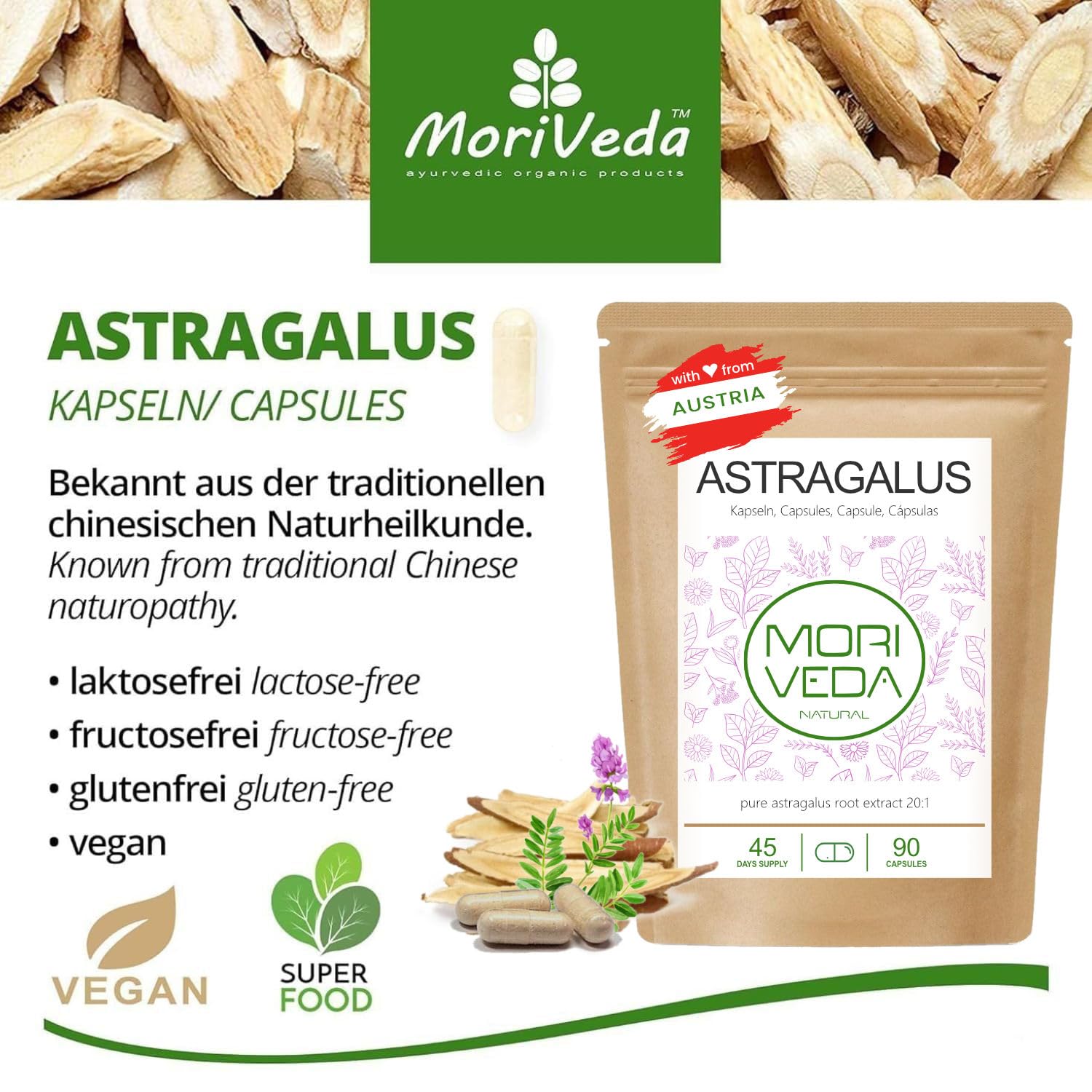MoriVeda® Astragalus capsule 1600 mg, estratto di radice di tragacanto in polvere, 112 mg di polisaccaridi, vegan e senza glutine (90 capsule)