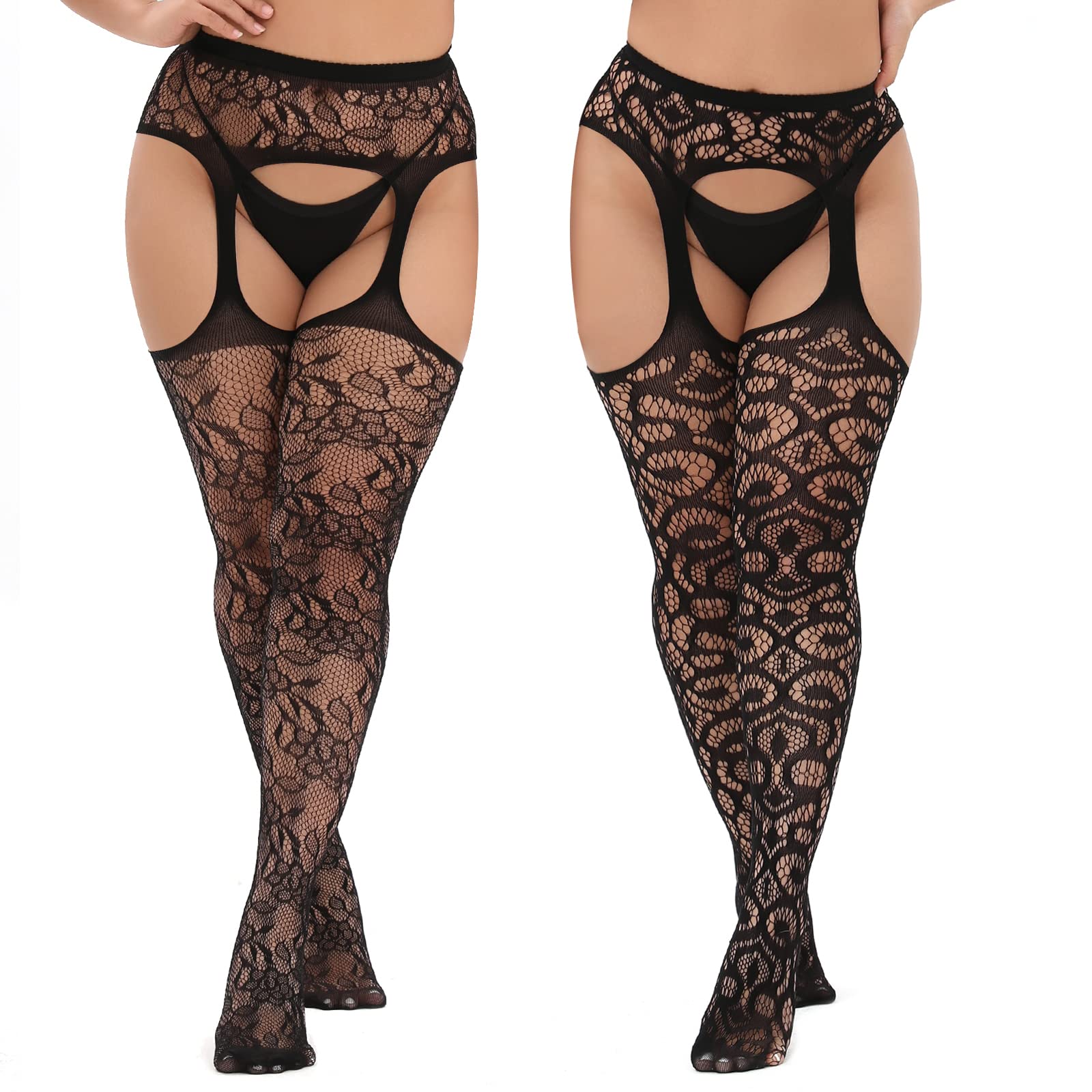 MANZI Women Suspender Tights Plus Size Lace Patterned Garter Stockings Sexy Fishnet Thigh High 2 Pairs