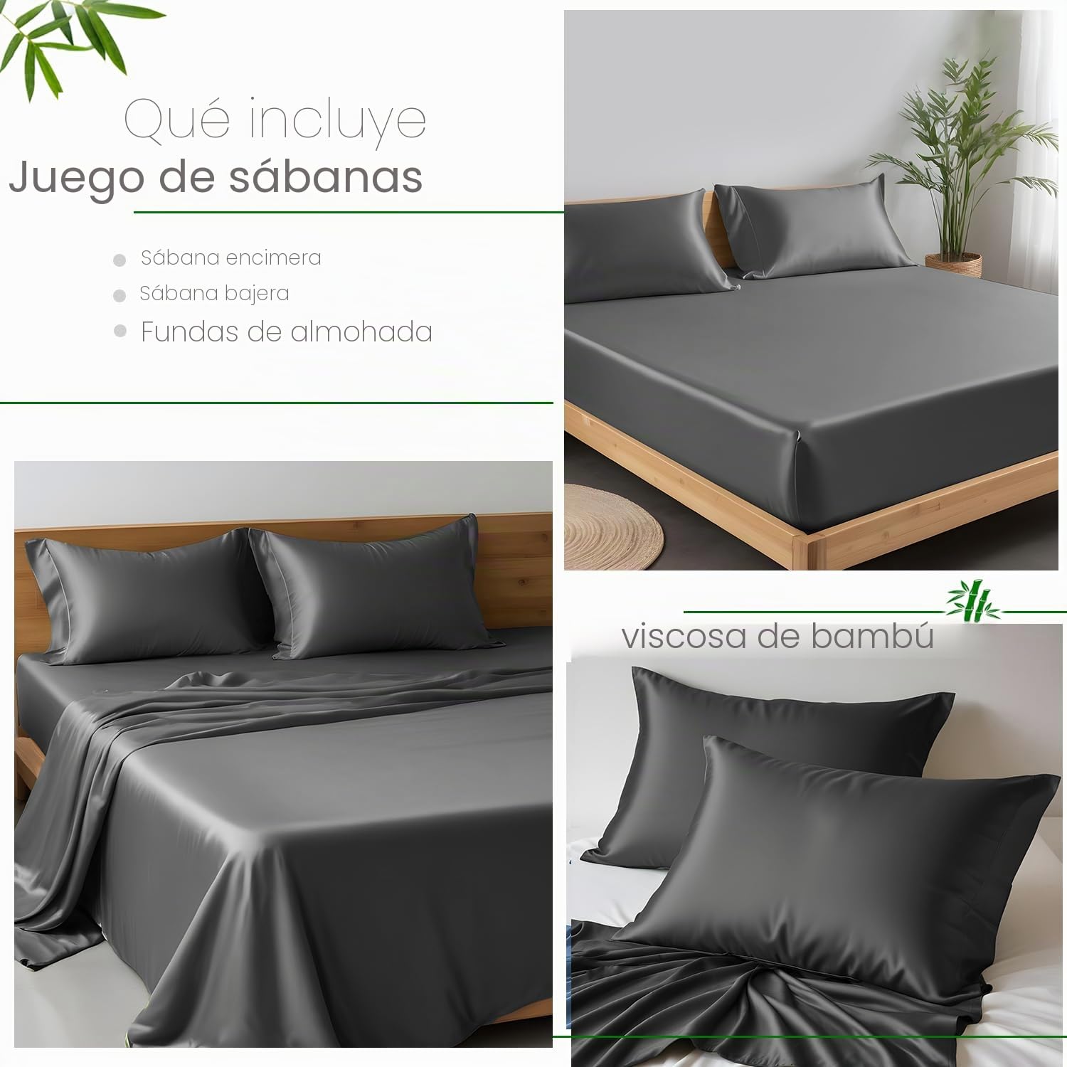 LINENWALAS - Juego de sábanas de bambú 100%, 300 hilos, sábanas de seda refrescantes y suaves, juego de ropa de cama de lujo de 4 piezas para el cuidado de la piel (Doble, gris carbón)