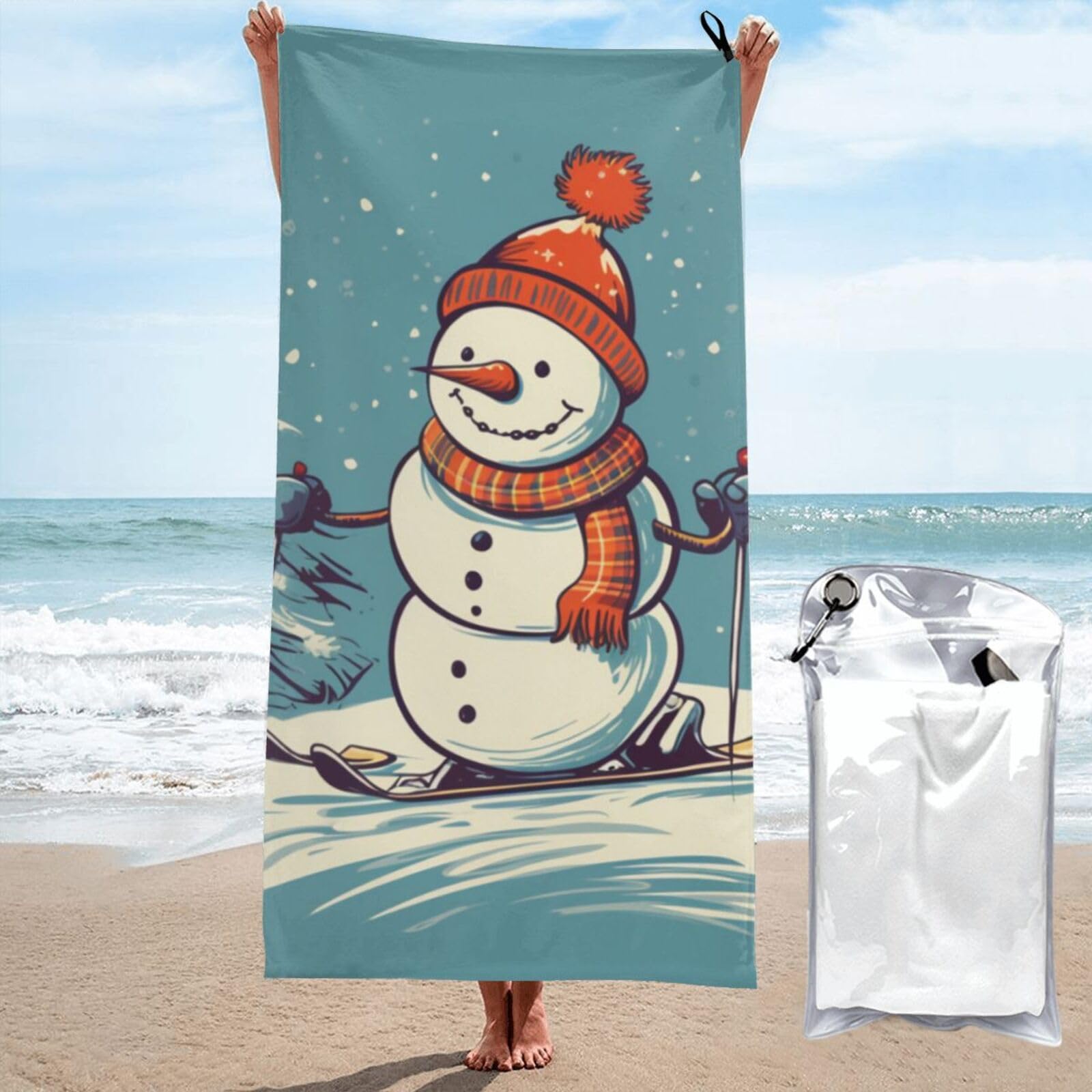 BWWHCCTI Skiing Snowman Printed Microfiber Quick Dry Beach Towel 80x160 CM, Fast Drying Bath Towels with Bags for Travel,Camping,Gym,Beach,Swimming,Yoga