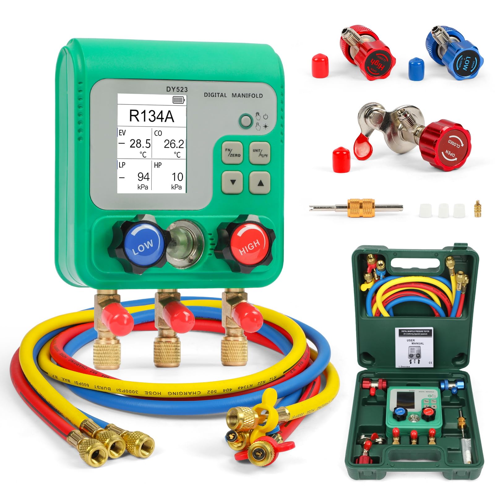 HVAC Gauge, 92 Refrigerant Digital Manifold Gauges HVAC Manifold Gauge Set R134A R410A Gauges AC Gauges Kit with Hose Digital Refrigerant Gauge Pressure Vacuum Test with 2.4" HD Color Display