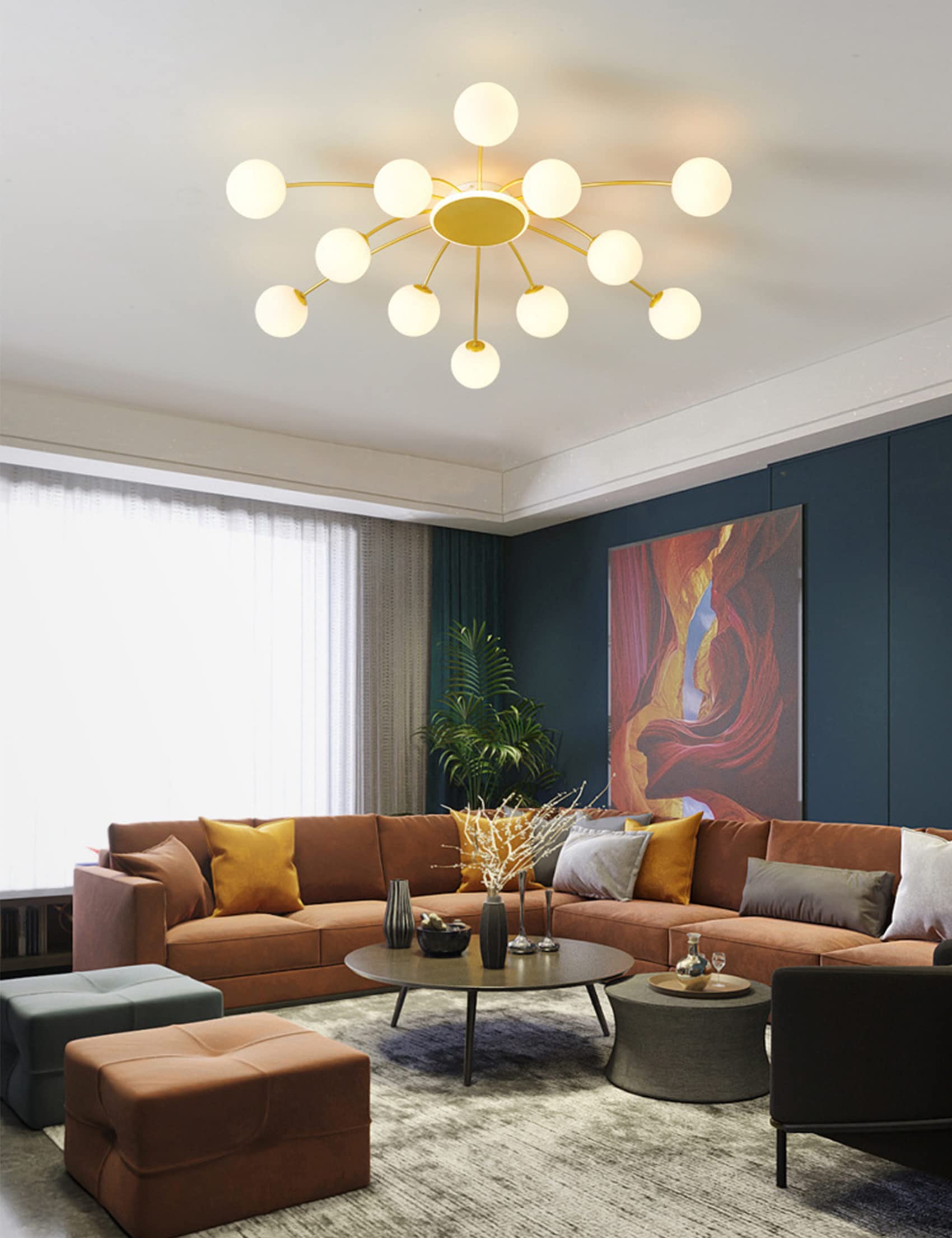 Lampadario Sputnik, Lampada da Soffitto Sputnik, Lampadario a Sospensione Oro 12 Luci, Lampada a Sospensione Moderno con Paralume Sfera in Vetro Bianco per Soggiorno Cameretta