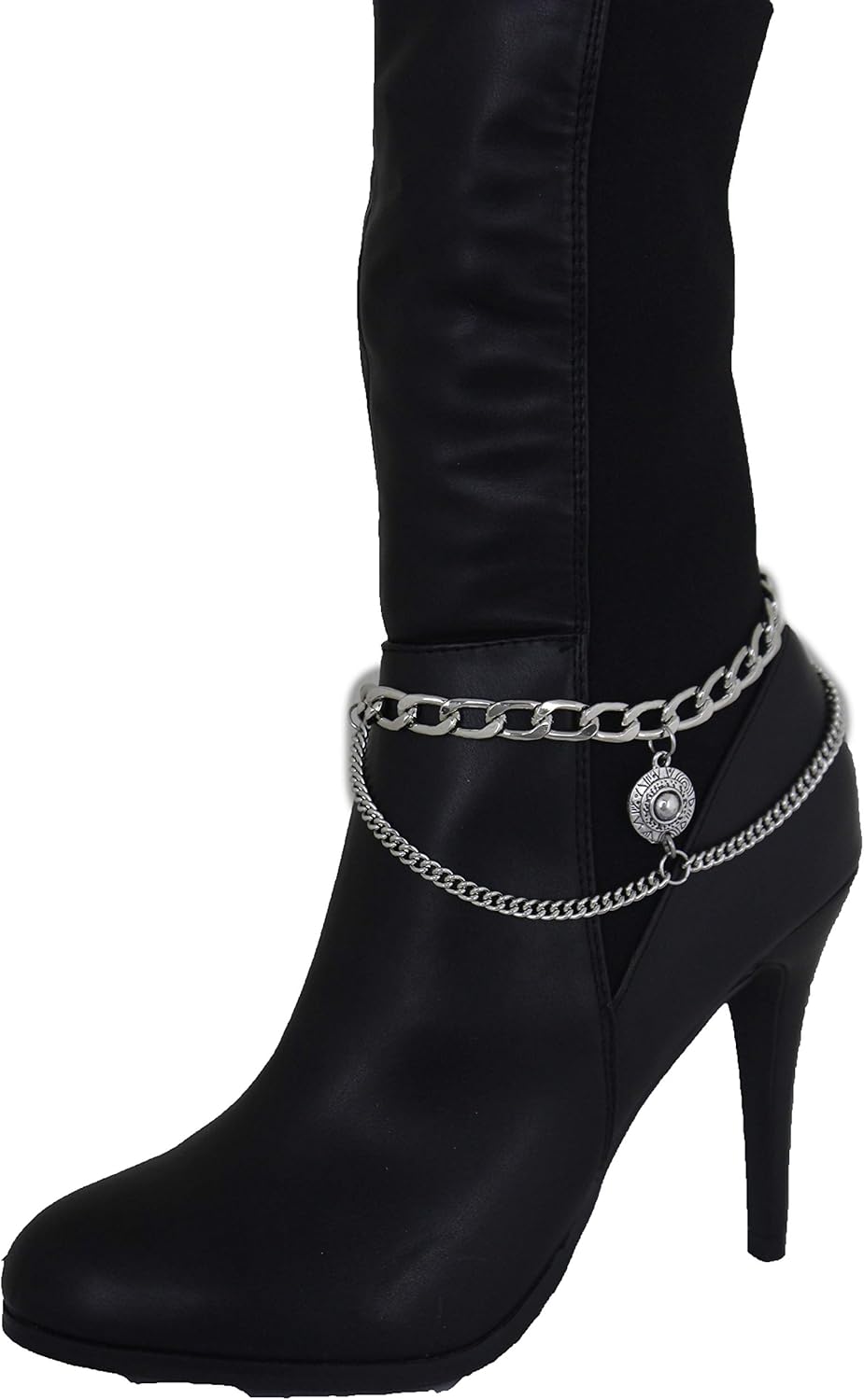 Women’s Boot Chain Bracelet – Silver Western Bling Anklet with Medallion Ethnic Coin Wave Charm – Adjustable One Side Strap – Festival Shoe Jewelry