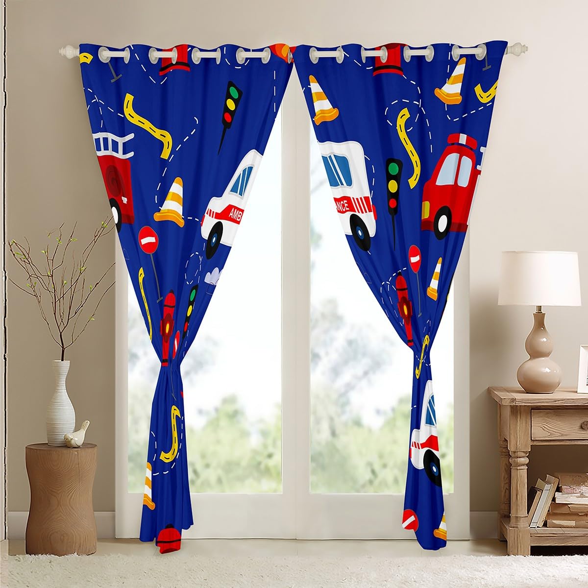 Bedluxy Fire Truck Car Window Curtains Cartoon Fire Truck Blackout Curtains for Kids Fire Engine Darkening Dreapes Cartoon Ambulance Car Window Treatments W46*L72 - Image 4